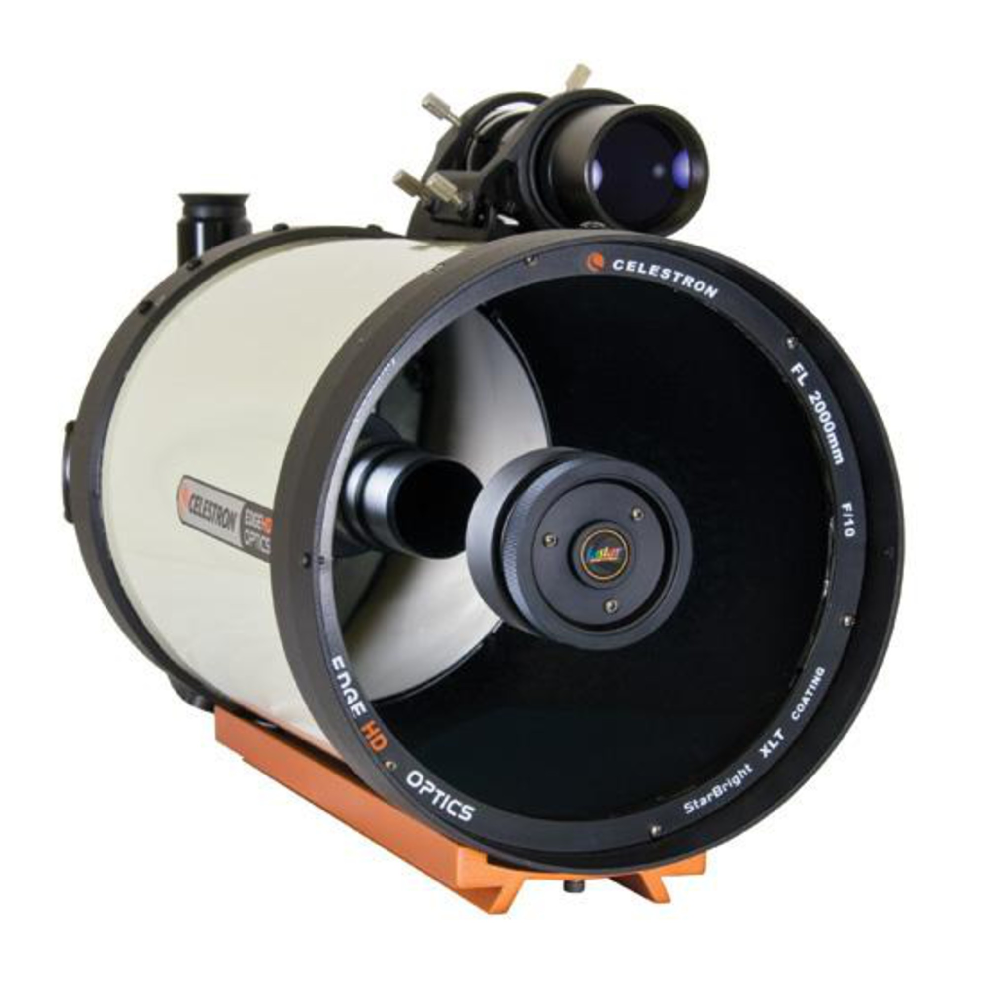 Ein Celestron-Teleskop. Es hat ein cremefarbenes Rohr mit schwarzen Ringen und eine Sekundärlinsenbaugruppe auf einem orangefarbenen Sockel.