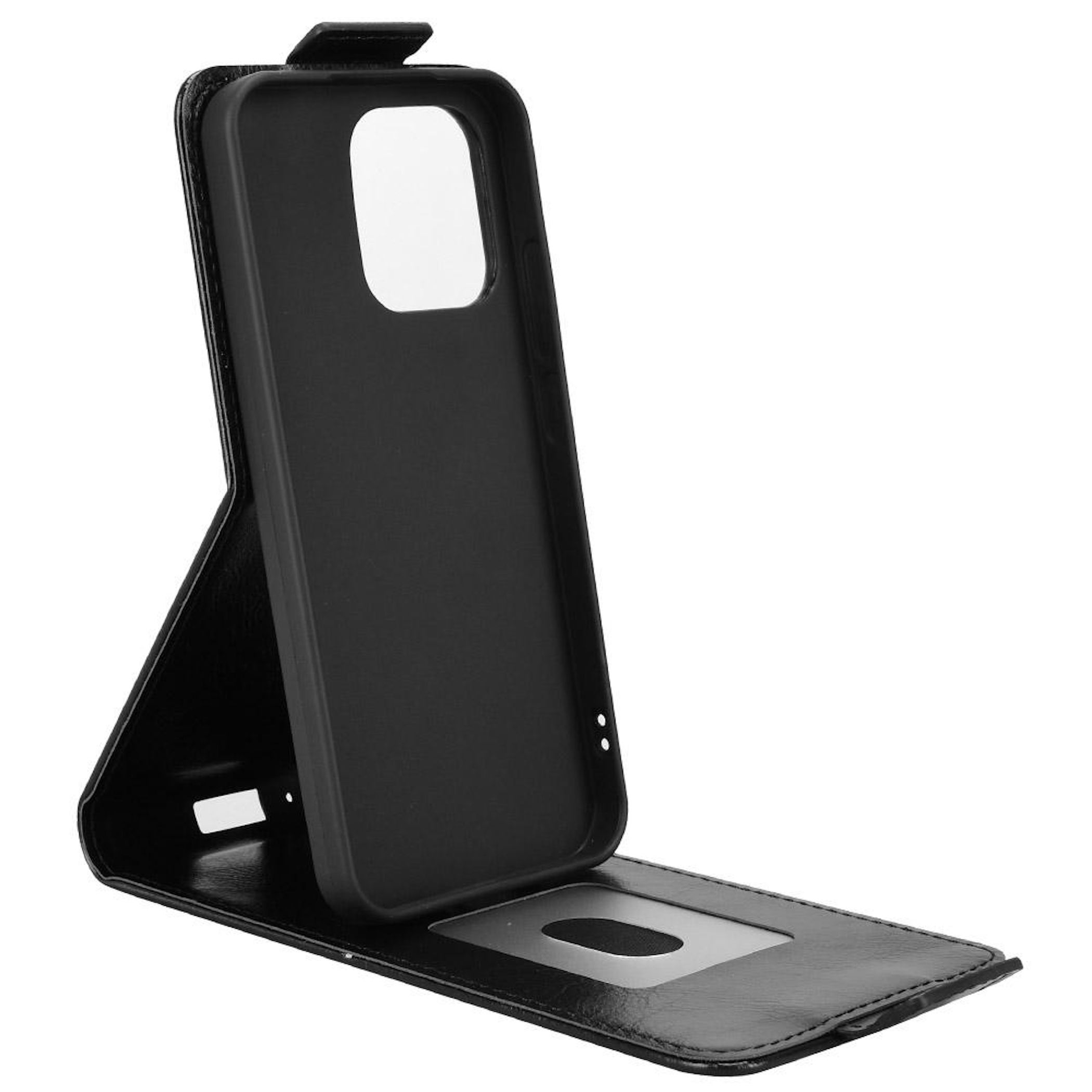 Funda de teléfono negra con soporte. La funda abierta revela un soporte y una ventana transparente. El fondo es blanco.