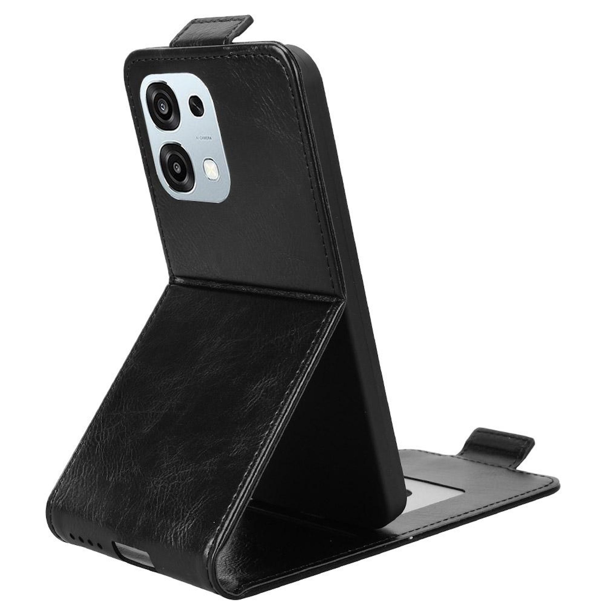 Una funda negra para teléfono está abierta, mostrando la cámara del teléfono. La funda es similar al cuero y se pliega para sostener el teléfono.