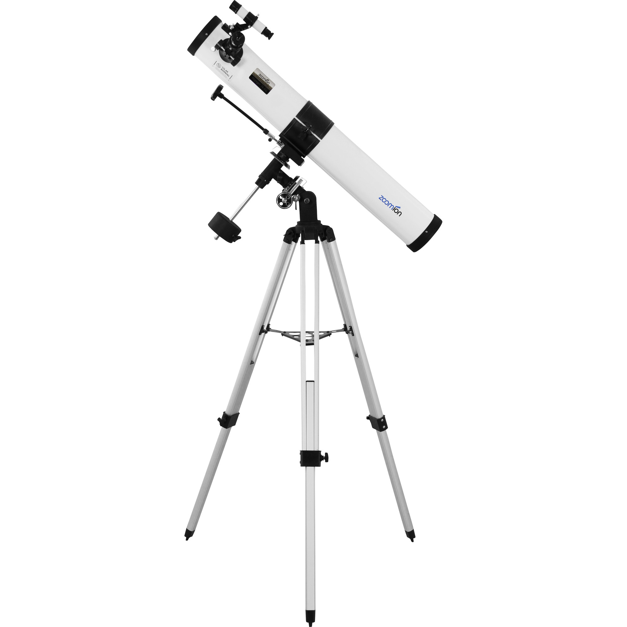 Ein weißes Teleskop auf einem silbernen Stativ. Das Teleskop hat schwarze Akzente und den Markennamen 'zoomion'.