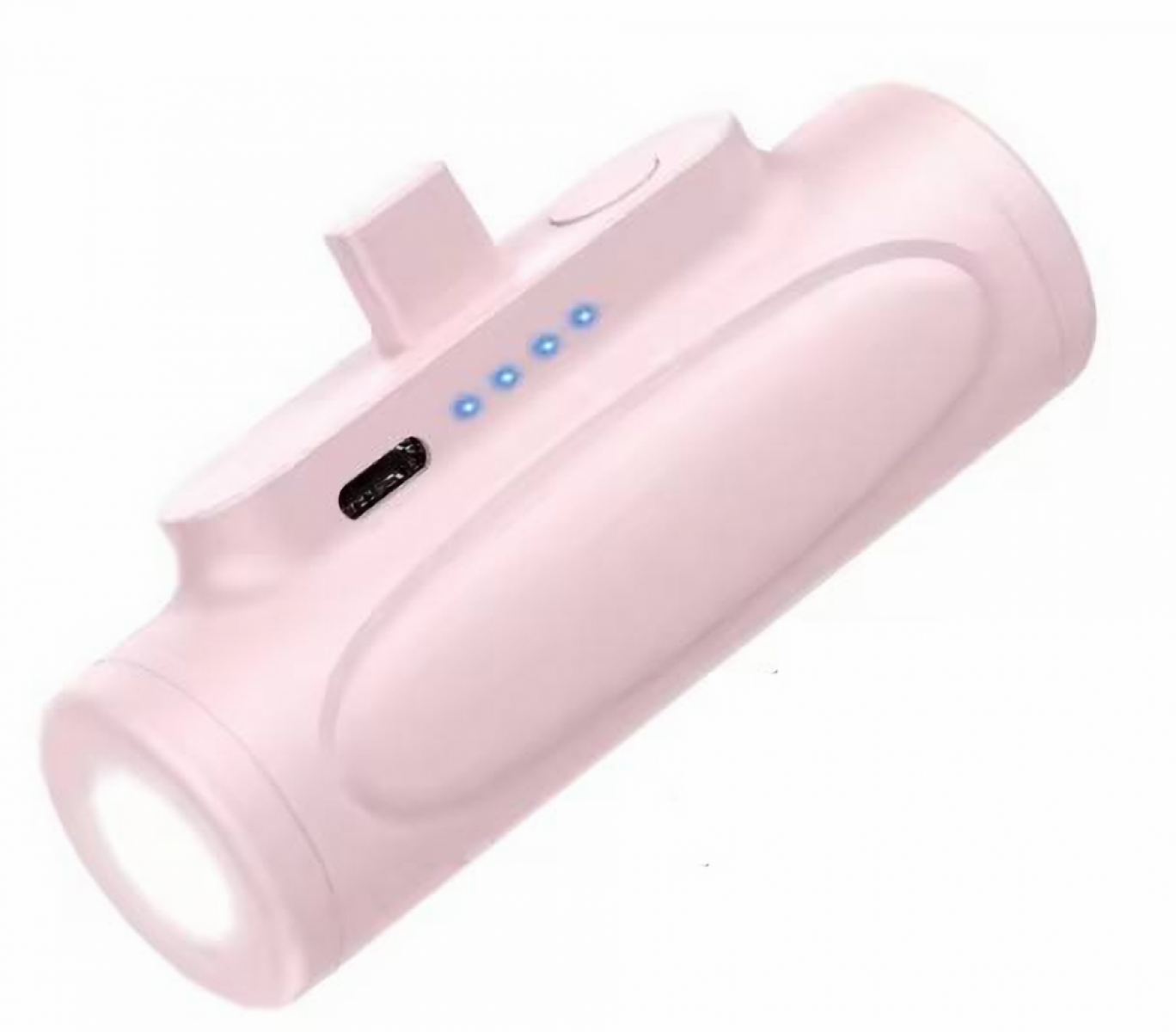 Eine rosa Taschenlampe mit blauen Ladelichtern. Sie hat einen USB-Anschluss und einen kleinen rechteckigen Vorsprung. Das Licht ist an.