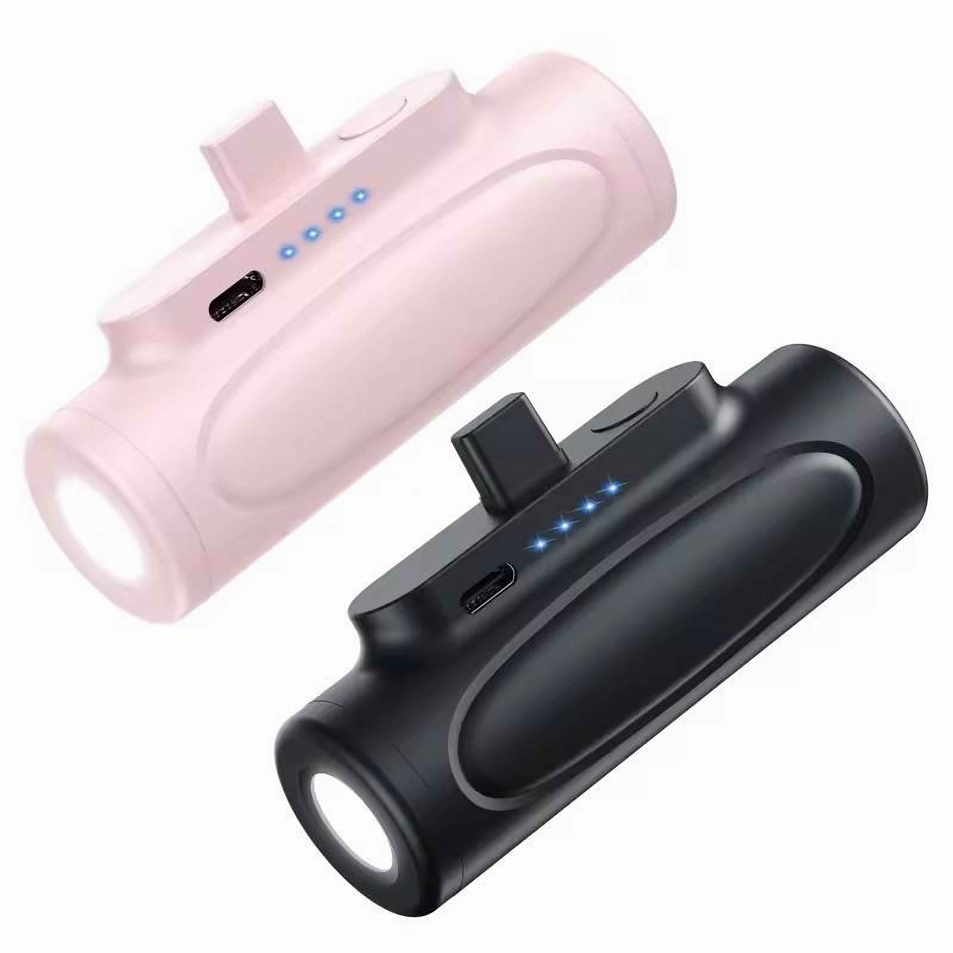 Zwei Taschenlampen, eine rosa, eine schwarz. Beide haben Lichter an und Ladeanschlüsse. Die rosa hat 4 blaue Lichter.