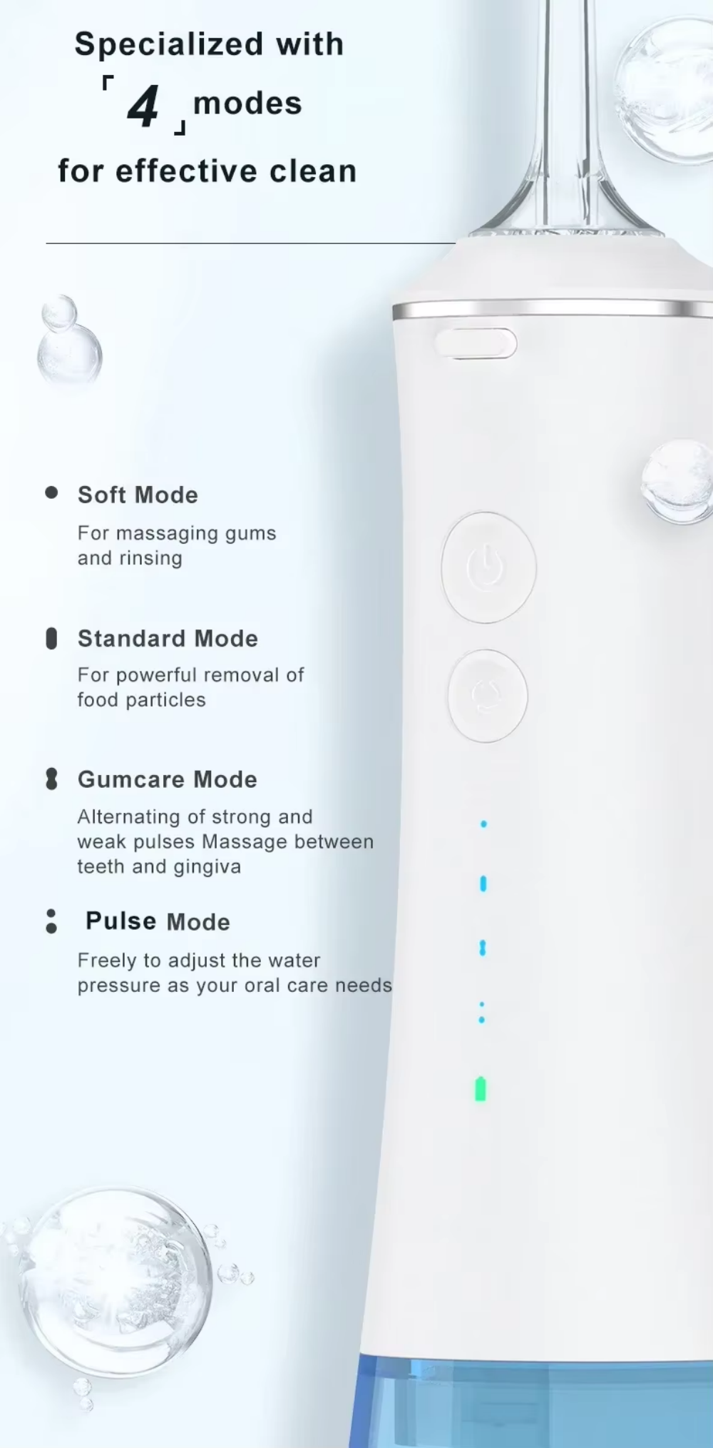 Weißer Munddusche mit Ein-/Aus- und Modus-Tasten. Funktionen: Weich, Standard, Zahnfleischpflege und Pulsmodi für effektive Reinigung.