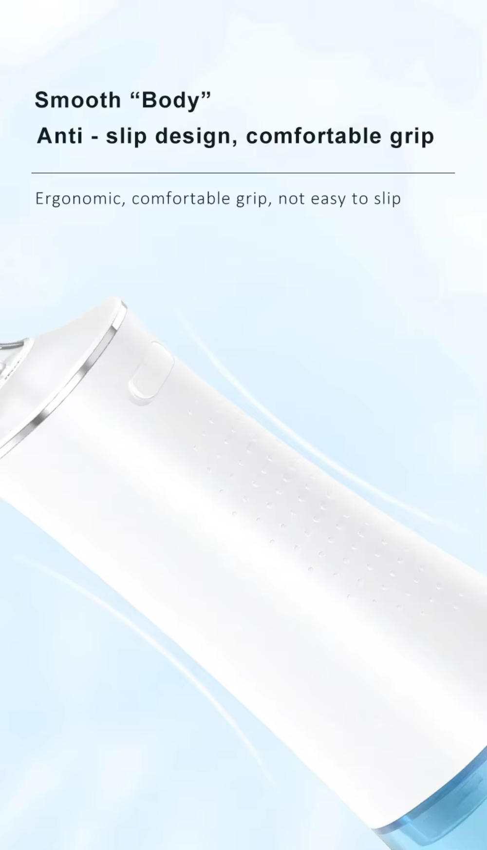 Ein weißes und silbernes Gerät mit ergonomischem Design. Der Text hebt einen glatten Körper und einen rutschfesten Griff hervor.