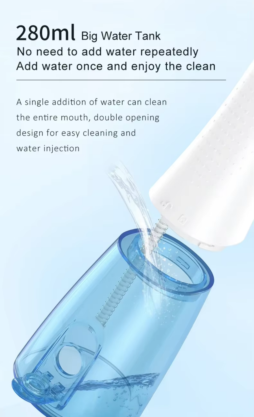 Ein blauer Wassertank wird von einem weißen Gerät mit Wasser gefüllt. Text sagt 'Großer Wassertank' und 'Einmal Wasser hinzufügen'.