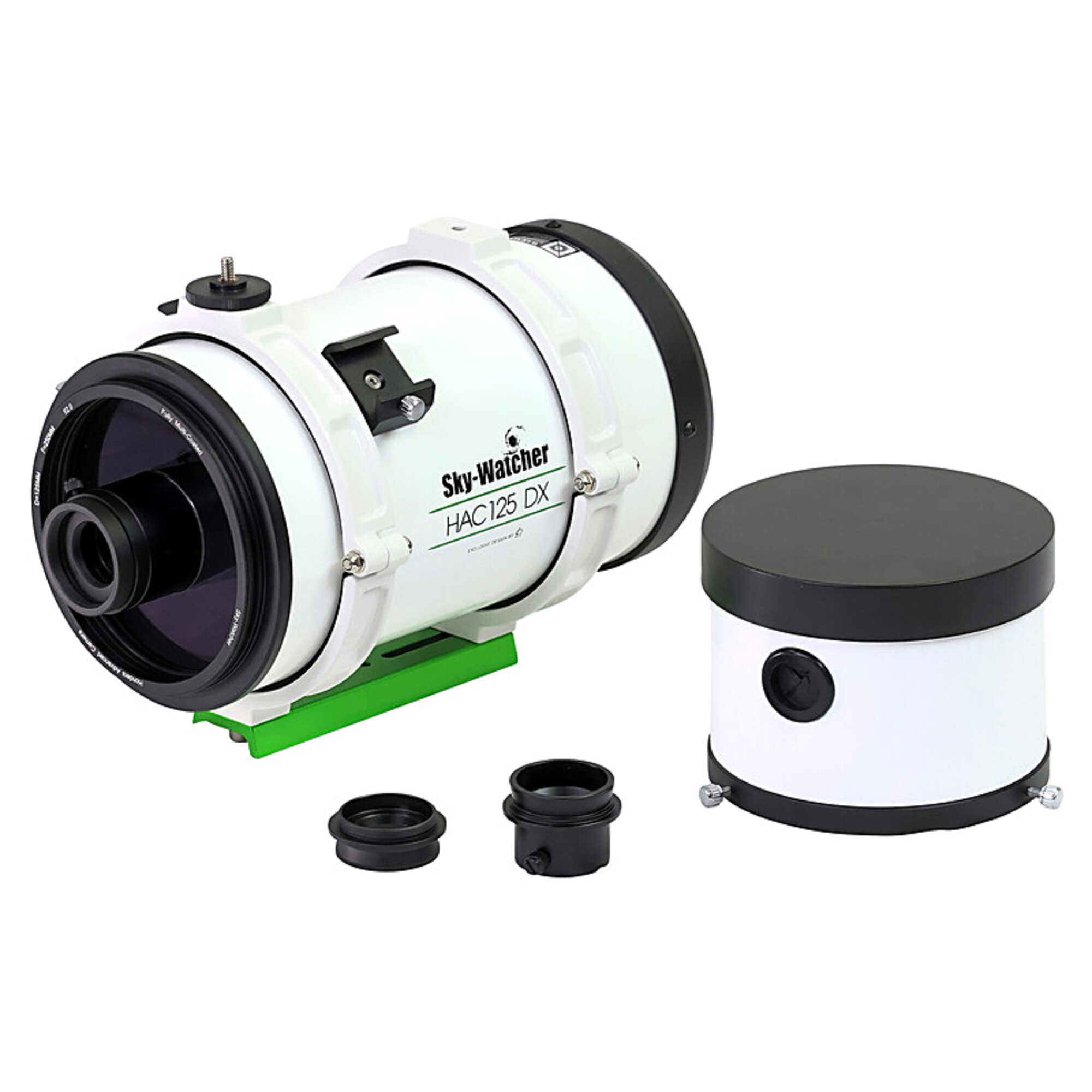 Ein weißes Sky-Watcher-Teleskop, Modell HAC125 DX, mit schwarzem Okular und einem separaten weißen Behälter.