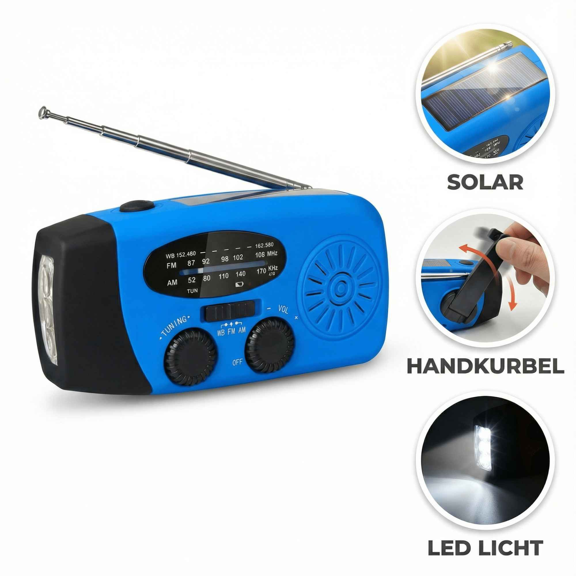 Ein blau-schwarzes Notfallradio mit Solarpanel, Handkurbel, LED-Licht und Antenne. Es hat Abstimmungs- und Lautstärkeregler.