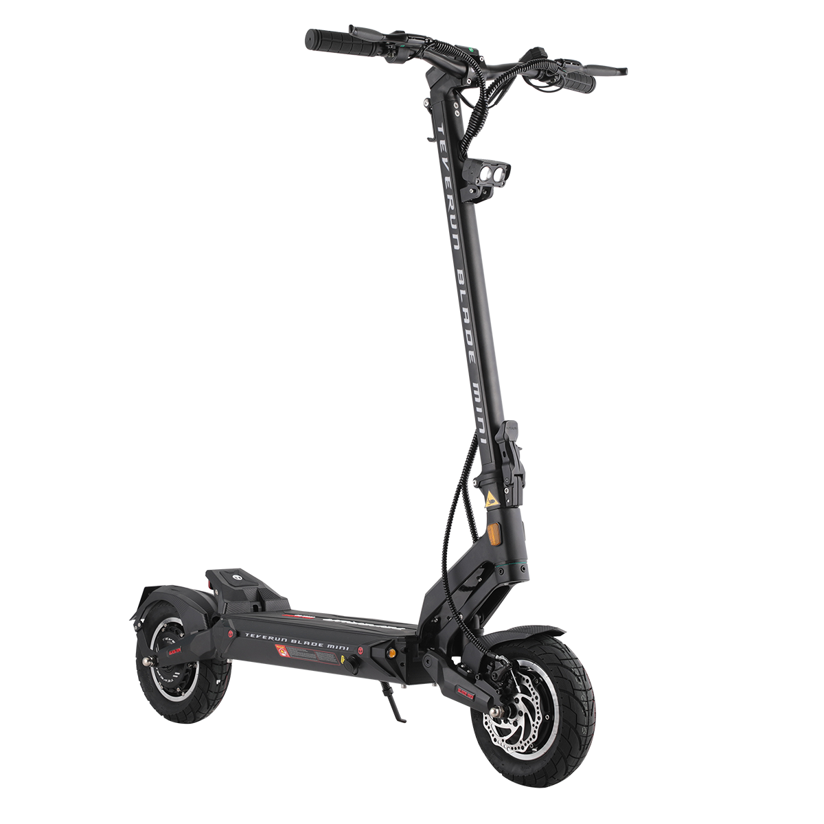 Czarna hulajnoga elektryczna, TEVERUN BLADE MINI, na białym tle. Ma kierownicę, dwa koła i platformę na stopy.
