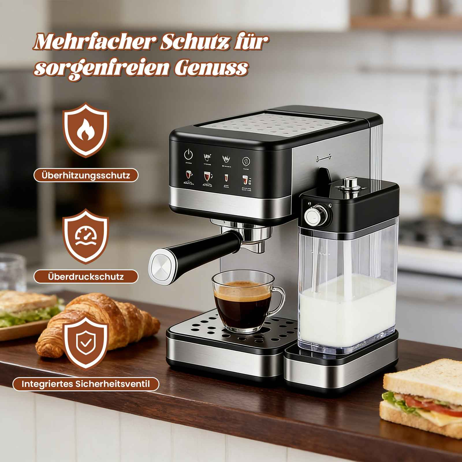 Espressomaschine mit Kaffee, Milchbehälter, Croissant und Sandwich auf einer Holzoberfläche.