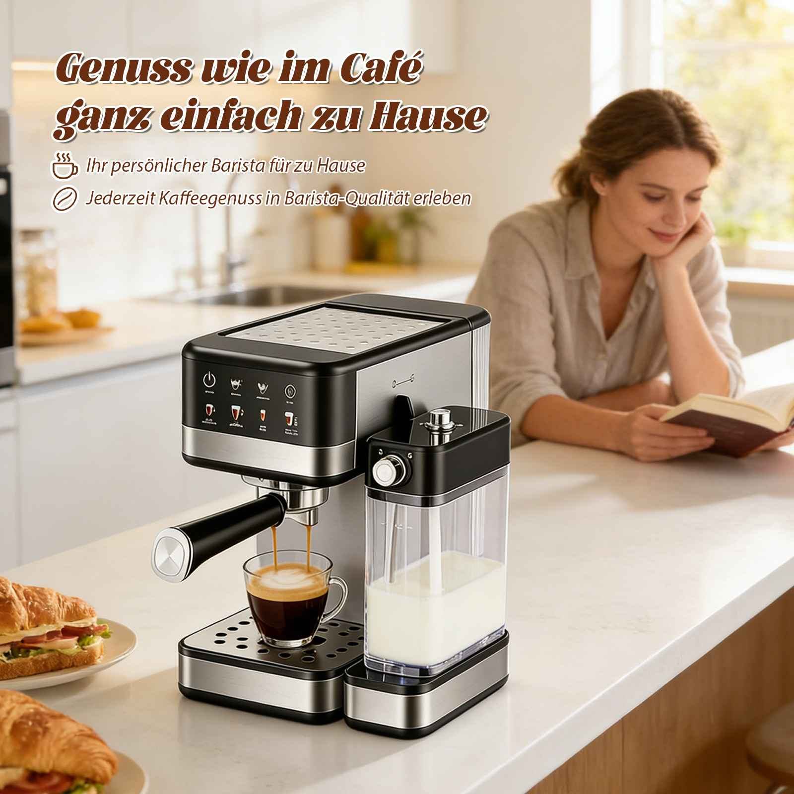 Espressomaschine, Kaffee gießt in ein Glas. Im Hintergrund liest eine Frau ein Buch. Croissants links.