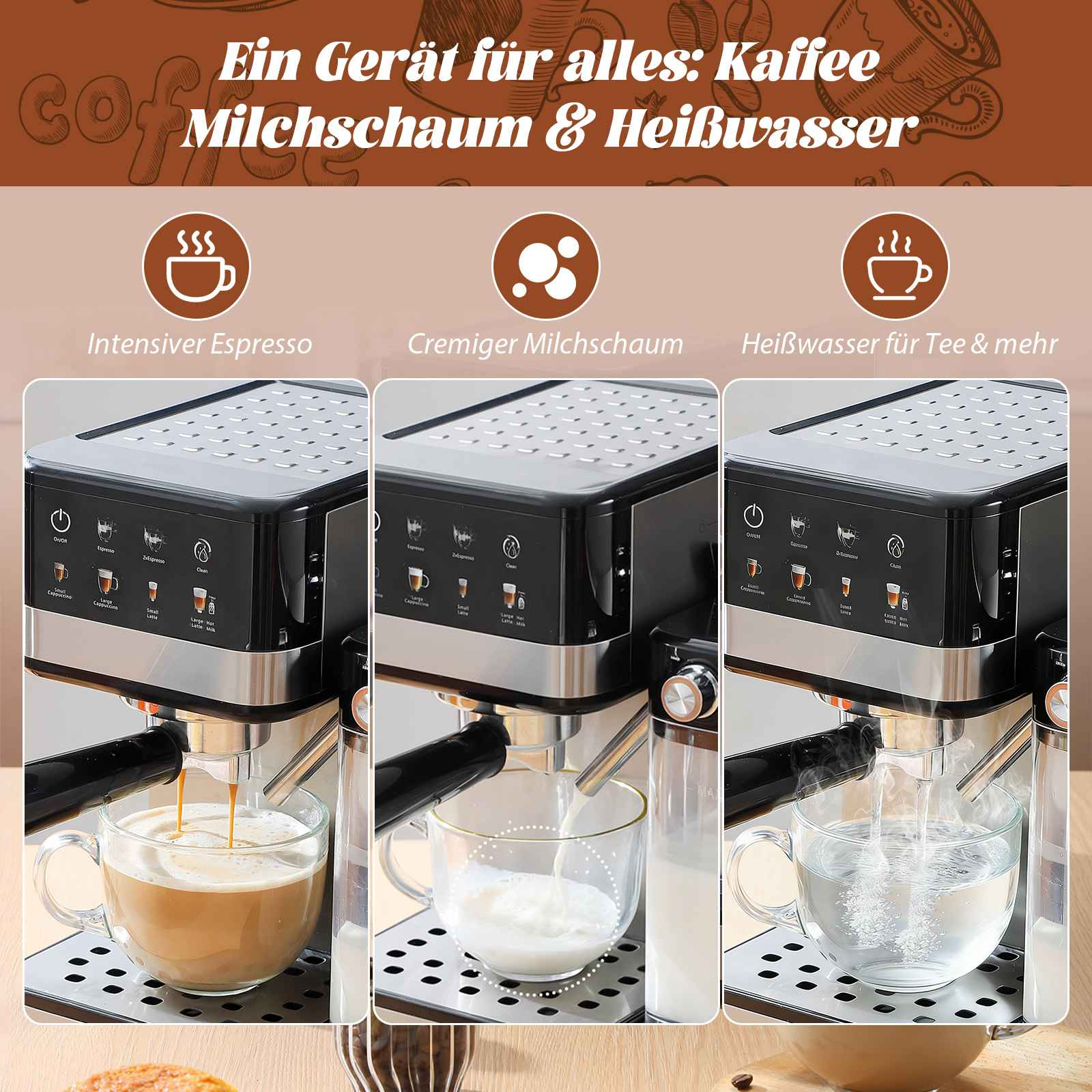 Kaffeemaschine mit drei Funktionen: Espresso, Milchschaum und heißes Wasser. Tassen mit Flüssigkeiten gezeigt.