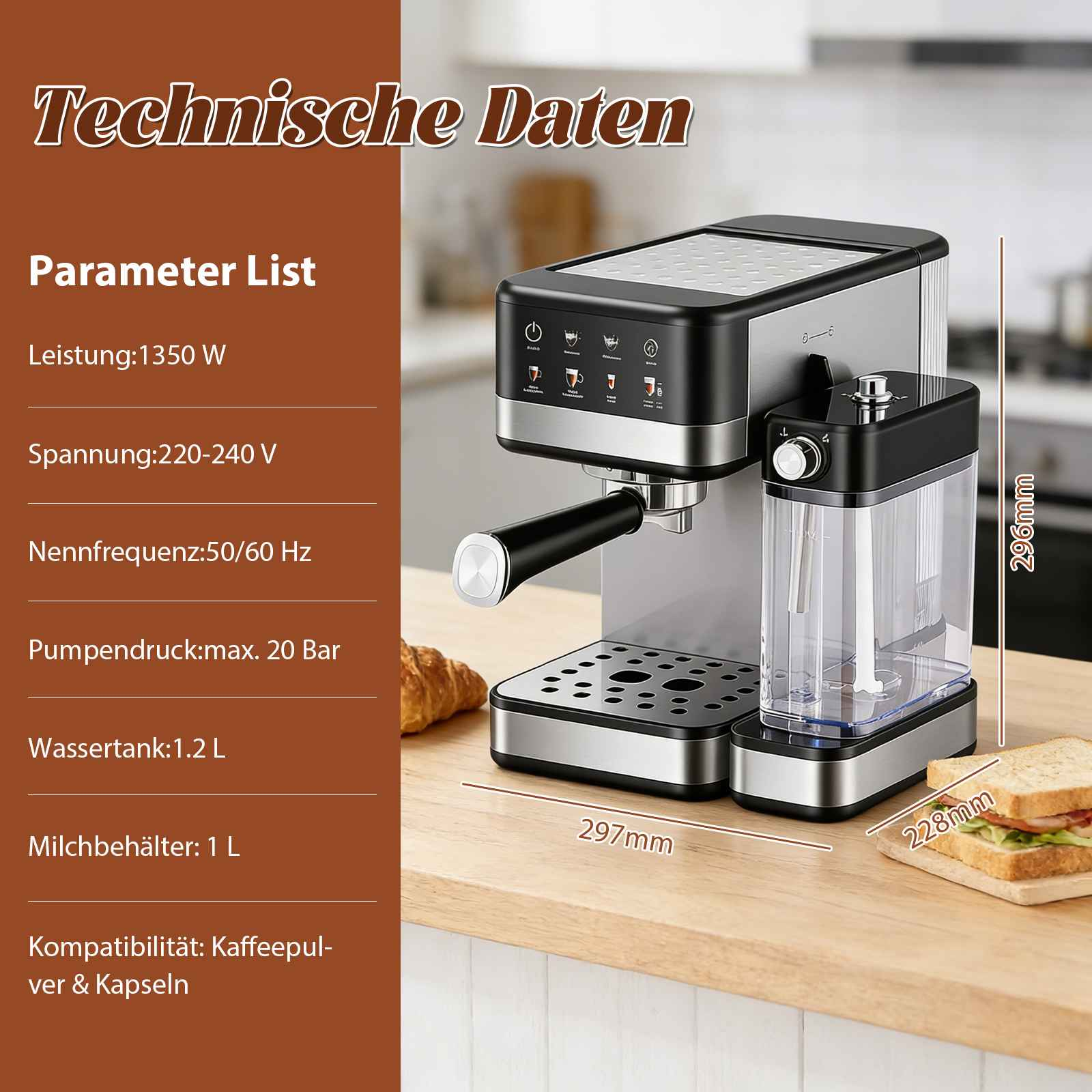 Silber-schwarze Espressomaschine mit Wassertank. Auf Holz mit Brot daneben.