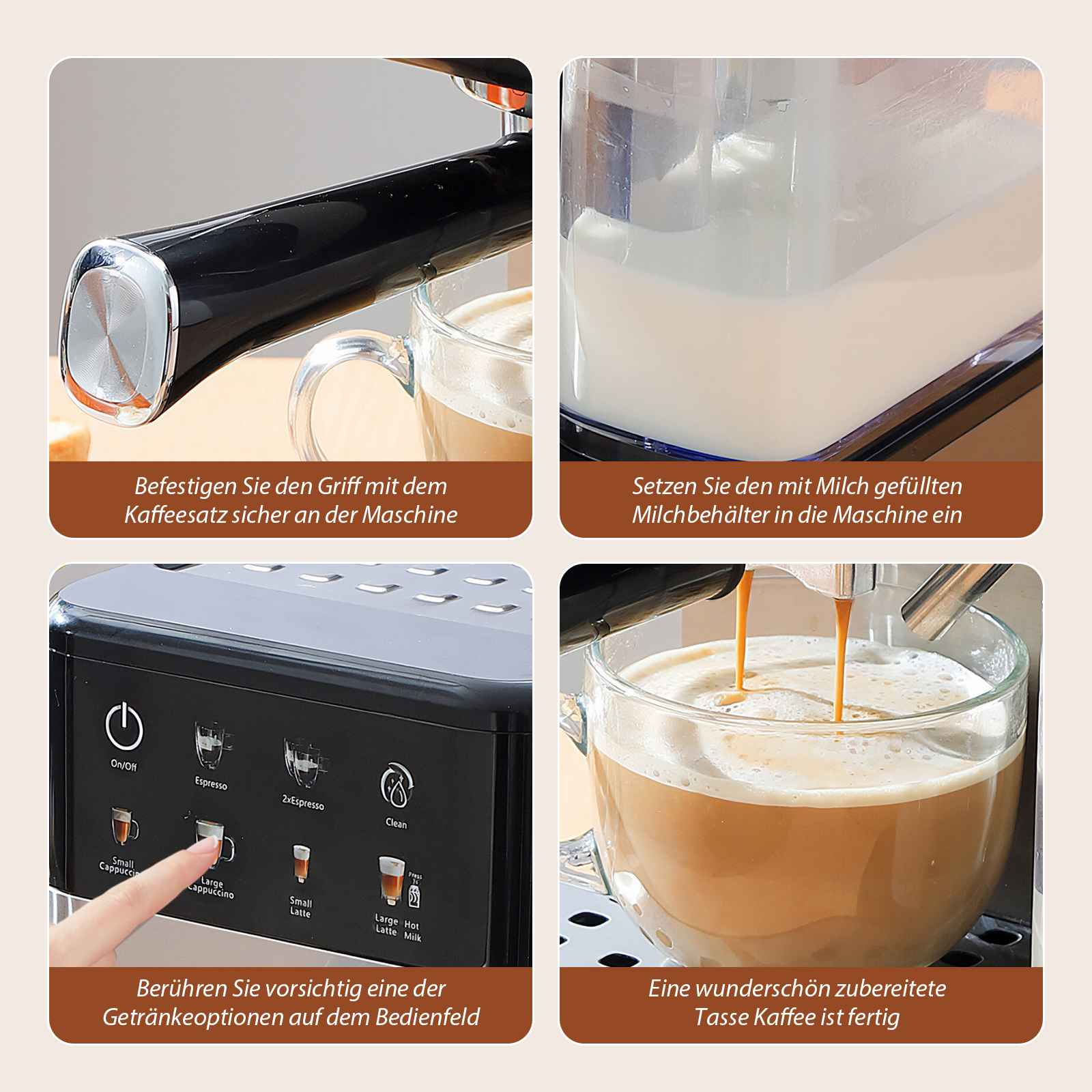 Kaffeemaschine mit Kaffee, der in ein klares Glas gegossen wird. Vier Bilder zeigen Maschinenelemente und Zubereitung.