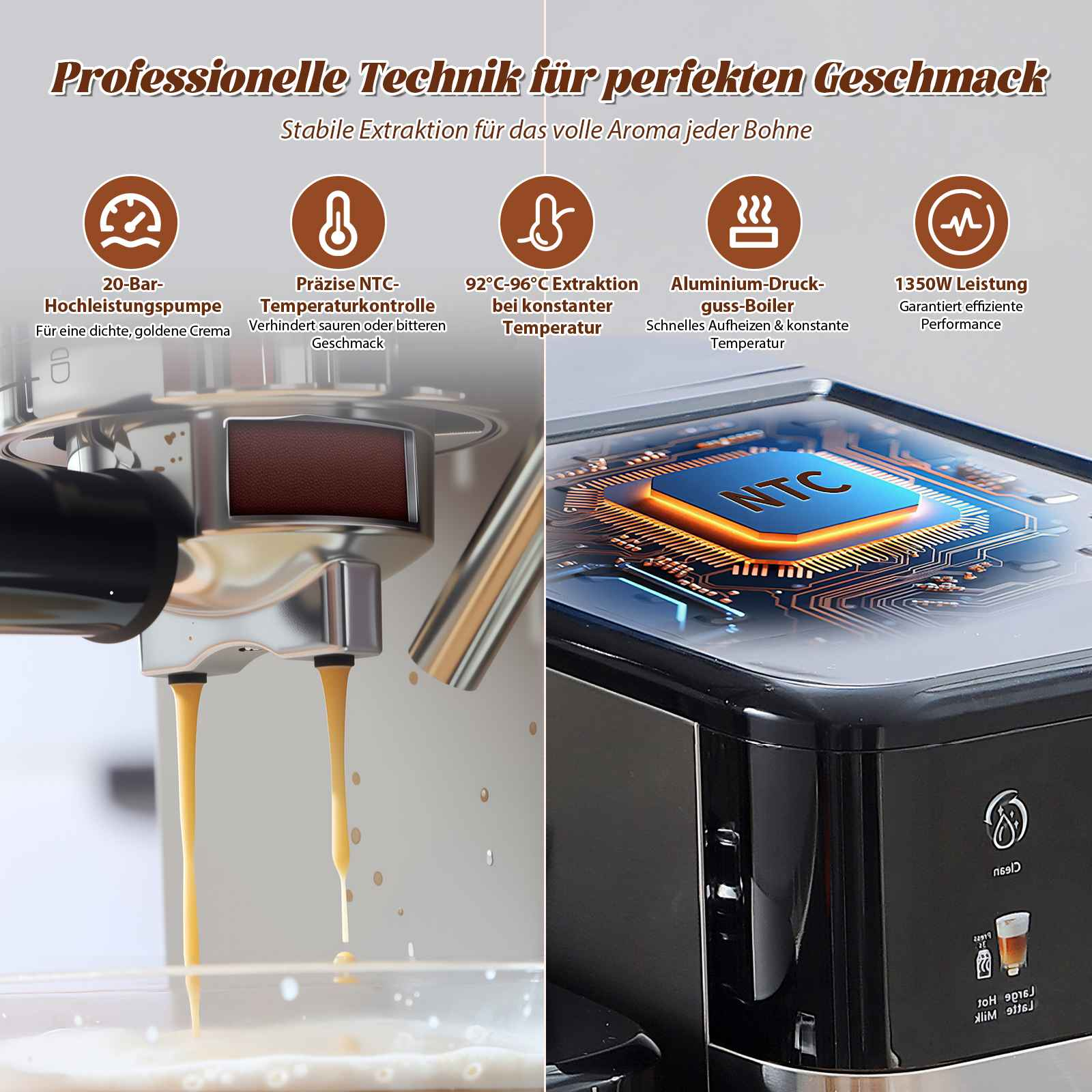 Eine Espressomaschine extrahiert Kaffee. Gelbe Flüssigkeit fließt in ein Glas. Text mit Merkmalen wie Druck und Temperatur.
