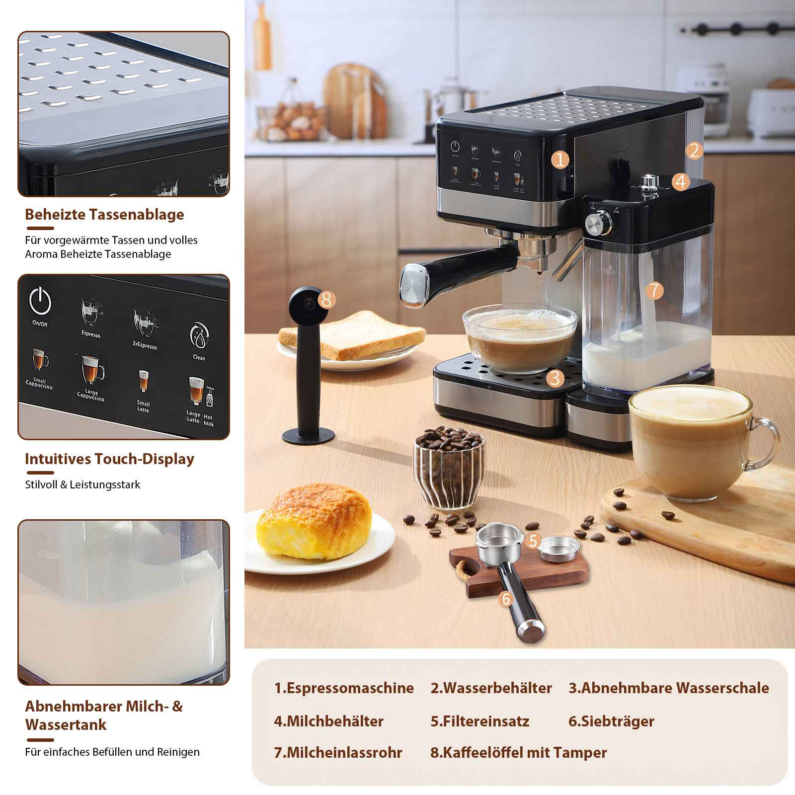 Espressomaschine mit Touch-Display, Milchbehälter und einem Glas Kaffee. Verschiedene Teile und Zubehör sind sichtbar.