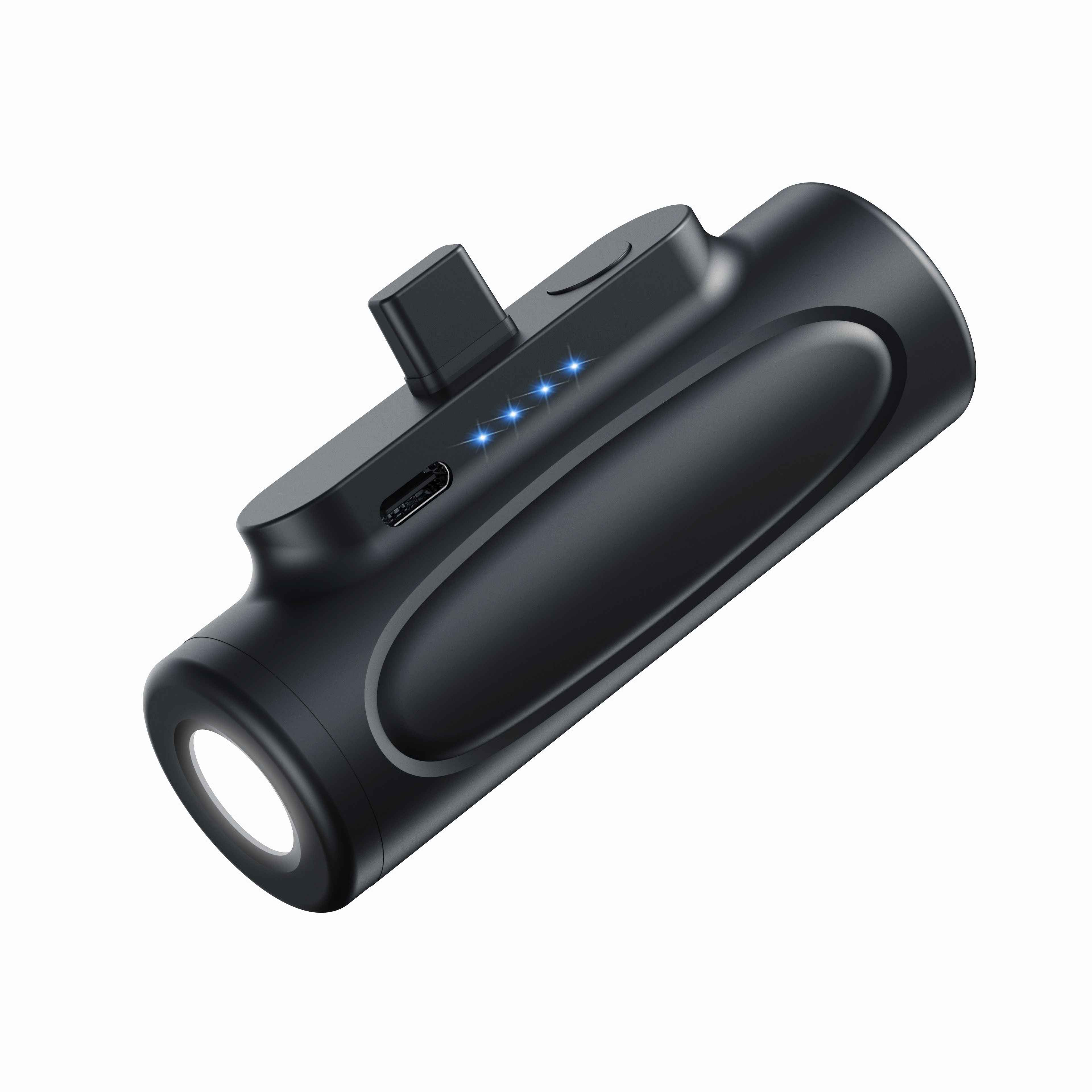 Schwarze Taschenlampe mit Ladeanschluss und Leistungsanzeigen. Sie hat ein helles Licht.