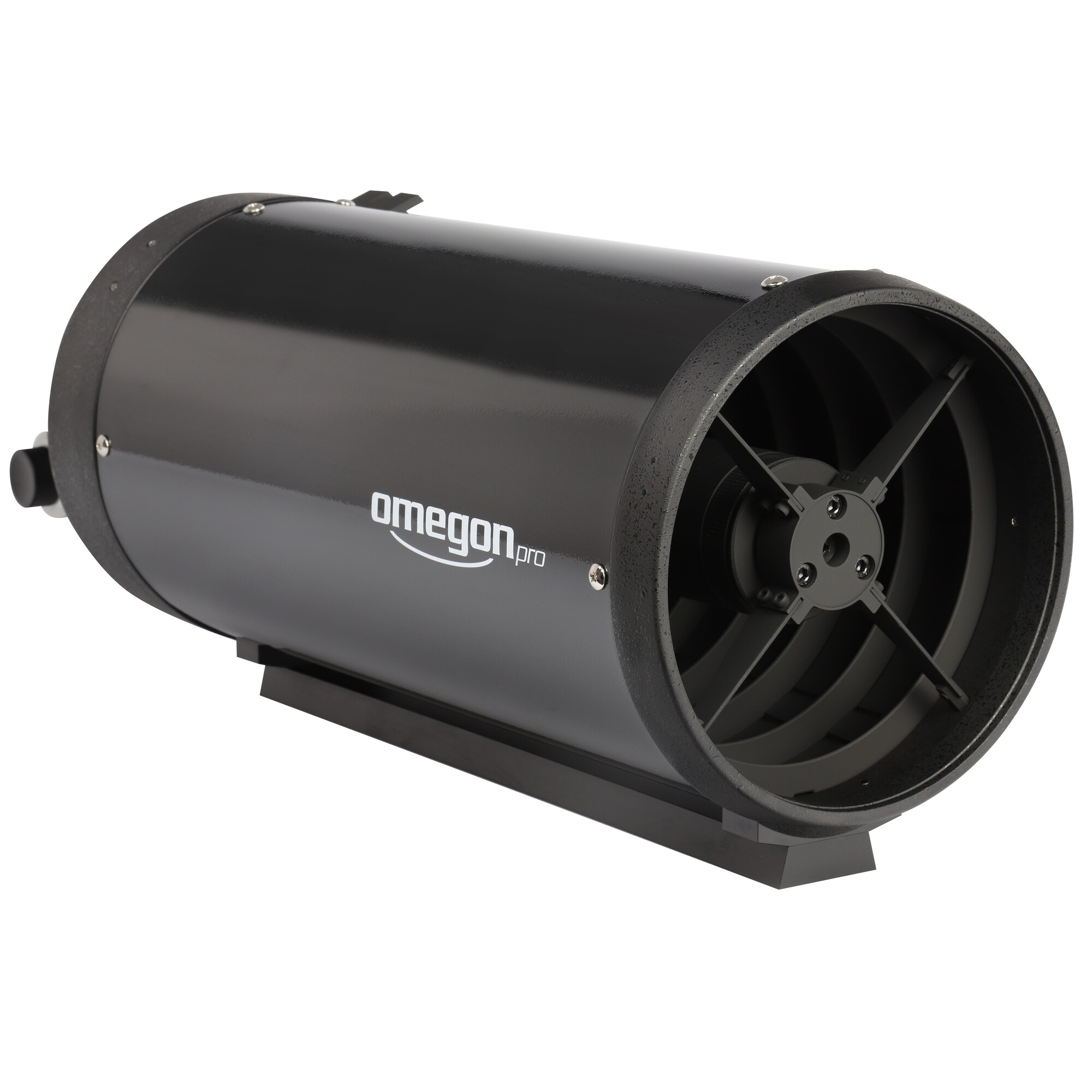 Ein schwarzes Teleskop mit dem Markennamen 'Omegon pro' vor weißem Hintergrund.