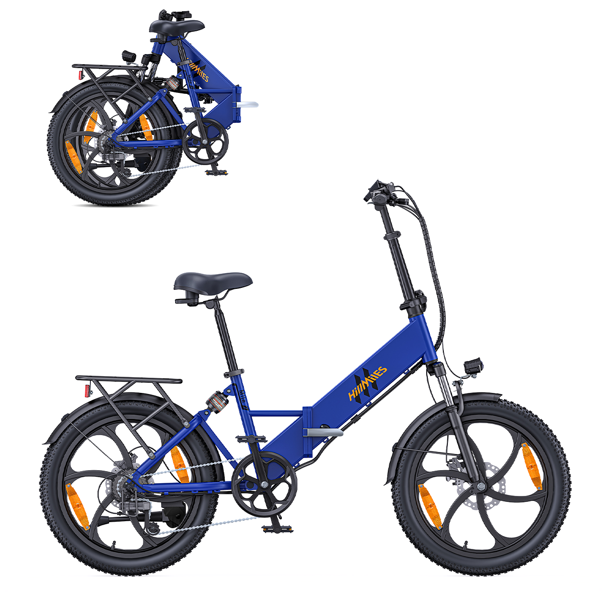 Prezentowany jest niebieski składany rower elektryczny. Rower znajduje się na białym tle. Na jednym zdjęciu jest złożony, na drugim rozłożony.