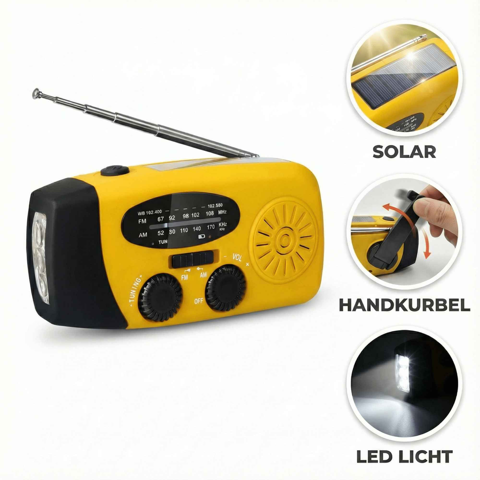 Gelbes Radio mit Antenne, Solarpanel, Handkurbel und LED-Licht. Merkmale sind Abstimmungs- und Lautstärkeregler.