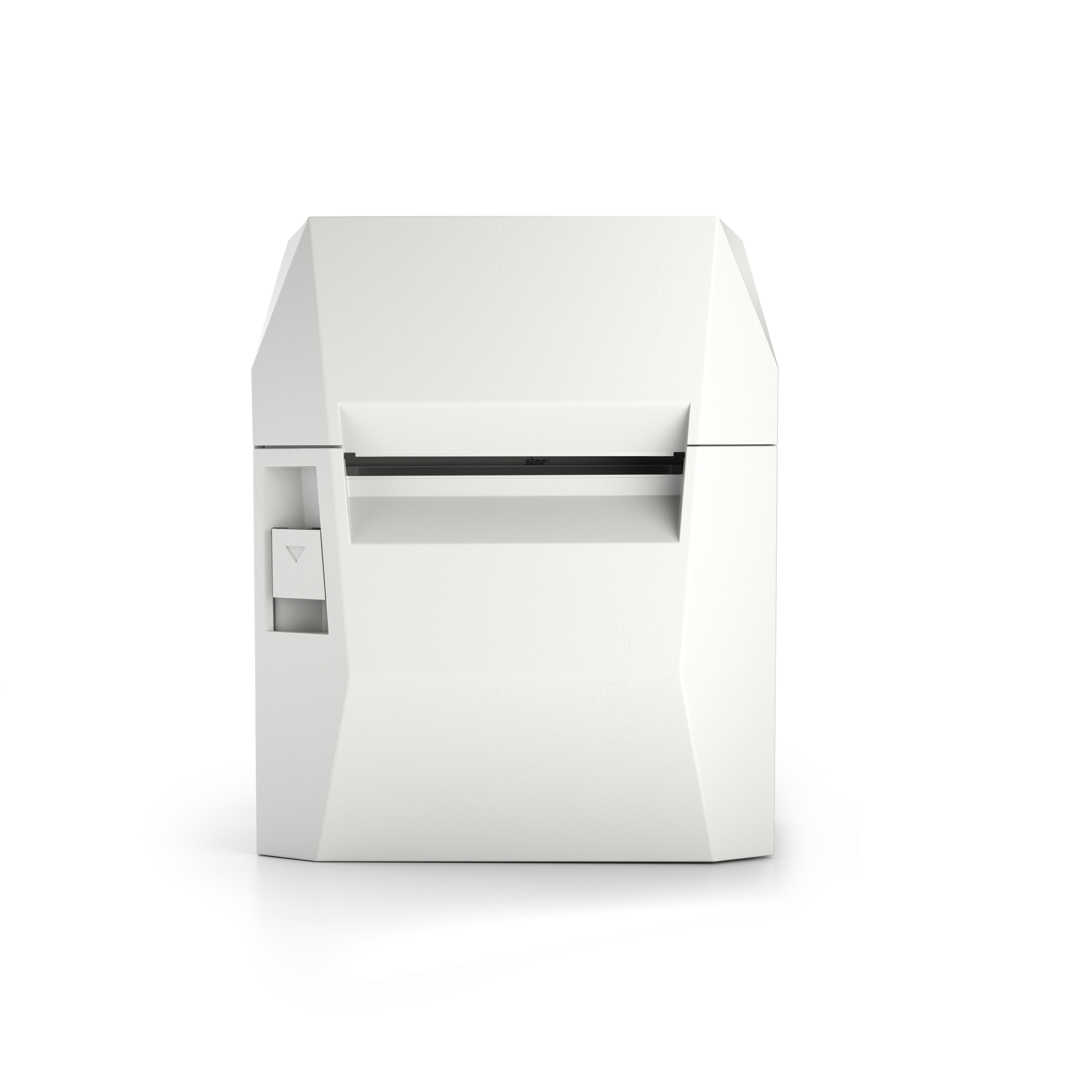 Biała, sześcienna drukarka na białym tle. Ma szczelinę na papier i boczną.