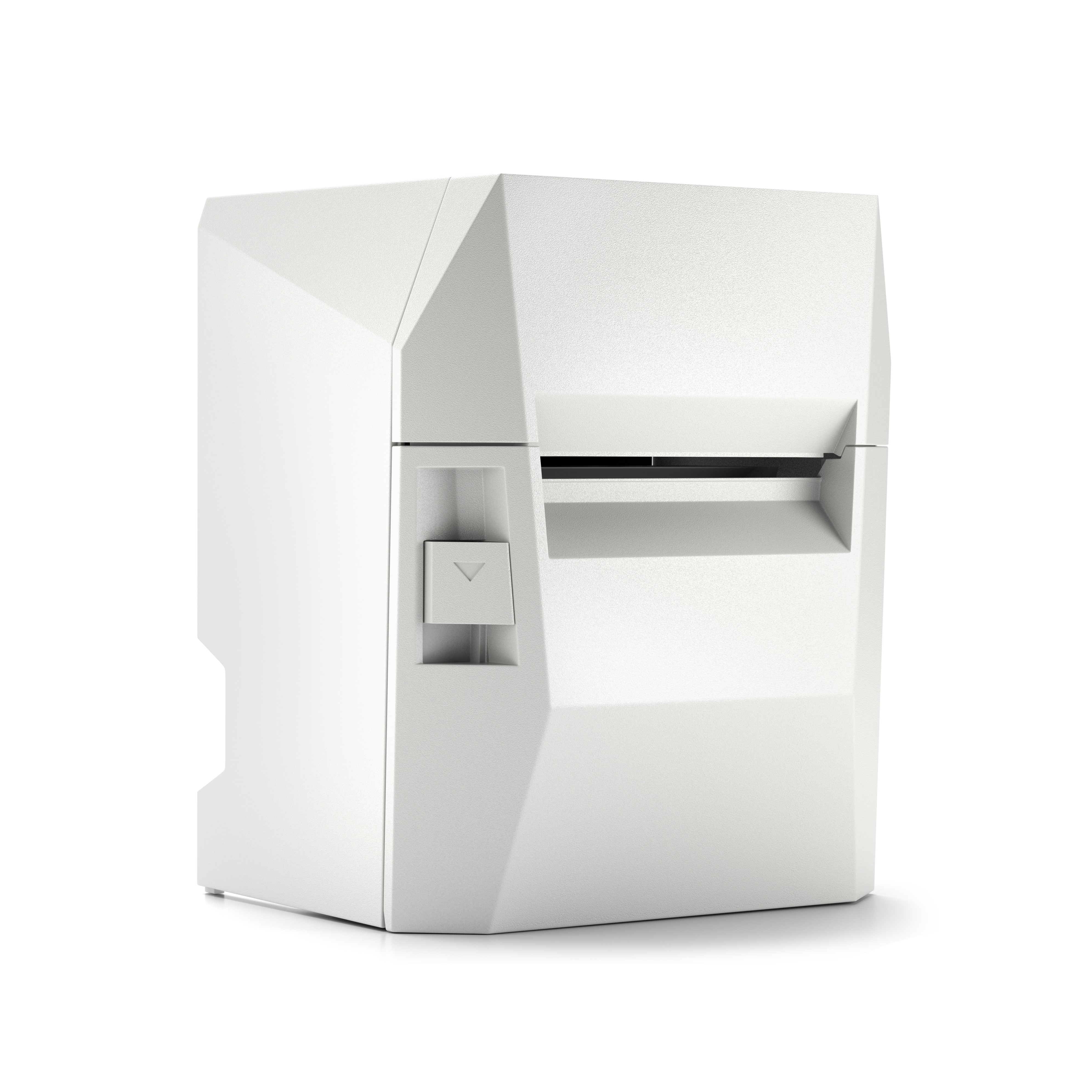 Białe, geometryczne, prostokątne urządzenie z gniazdem i małą przegrodą.