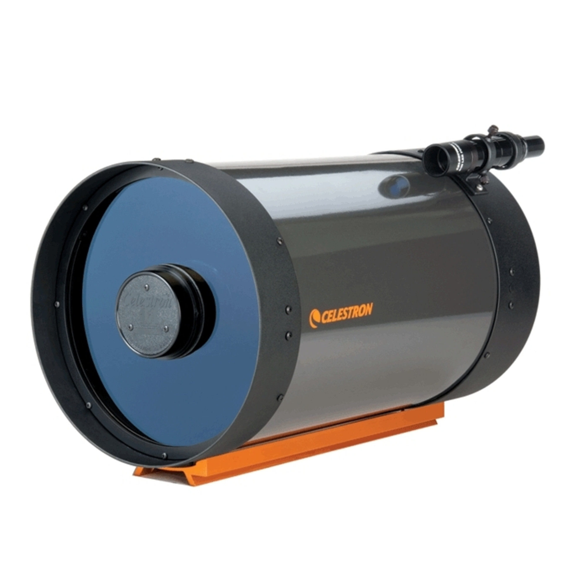 Ein graues Celestron-Teleskop mit blauem Objektiv und orangefarbener Basis, vor weißem Hintergrund.