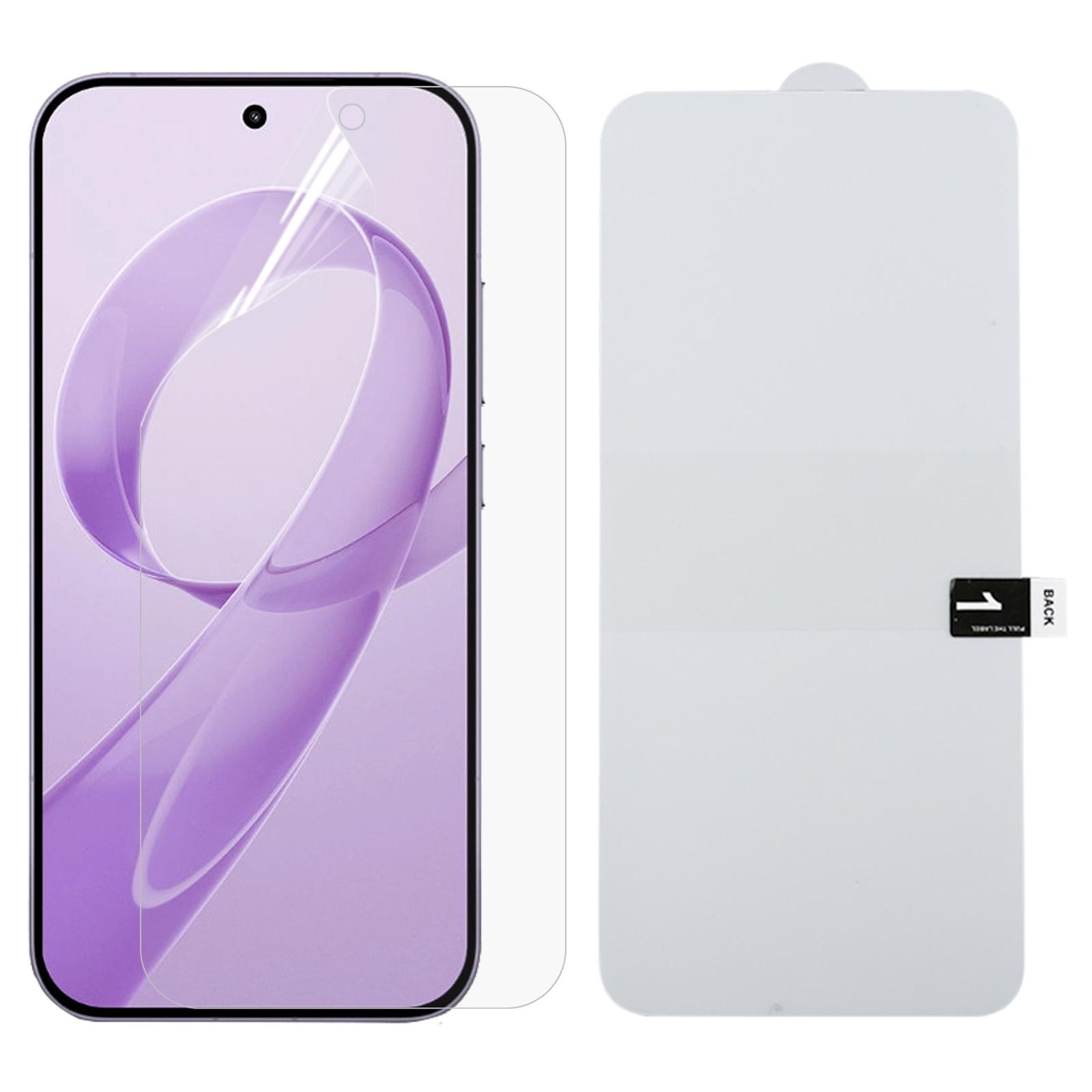 Pellicola protettiva per schermo e retro del telefono. Lo schermo mostra un design viola. La pellicola è trasparente. Retro bianco con etichetta.