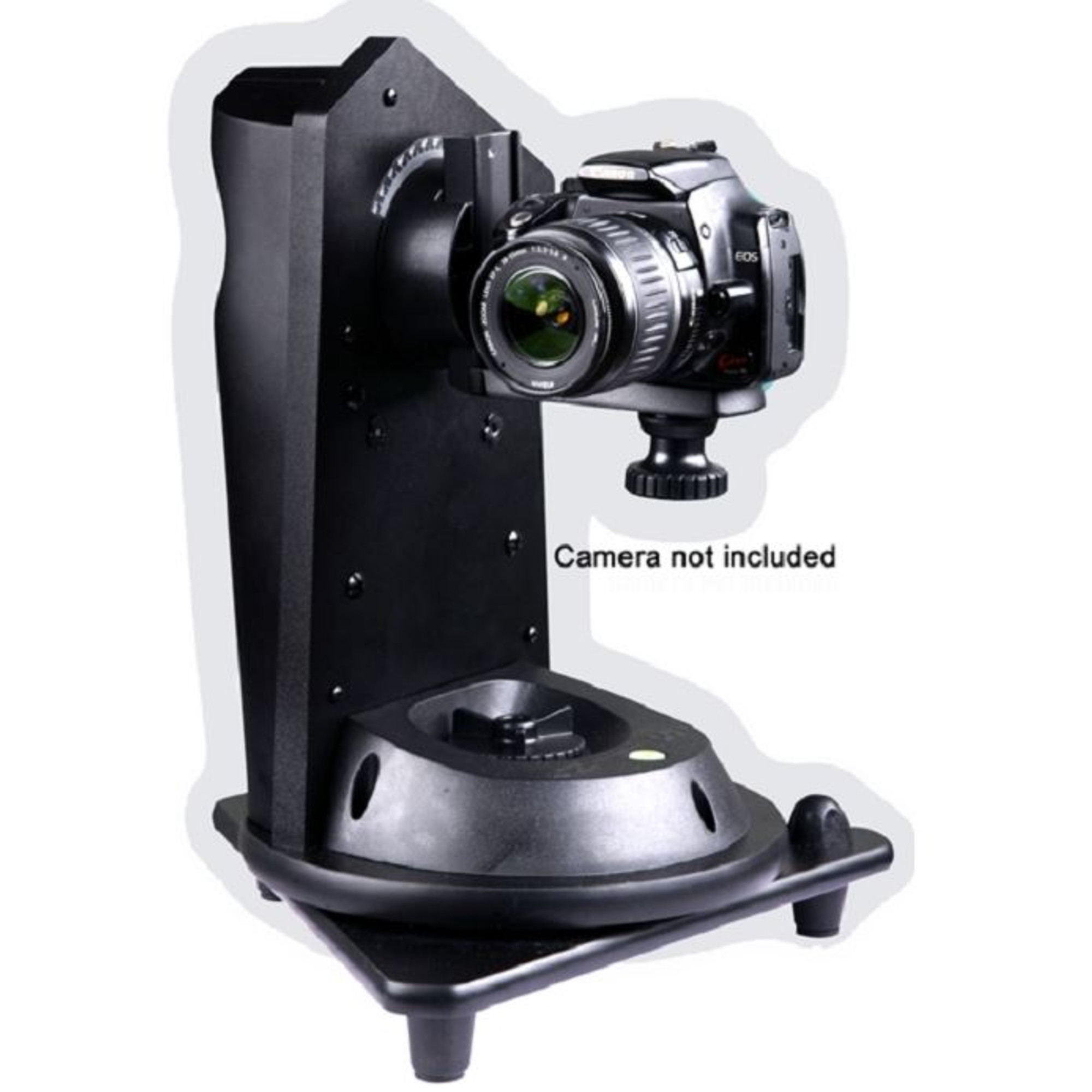 Un supporto nero per fotocamera con fotocamera montata. La fotocamera non è inclusa.