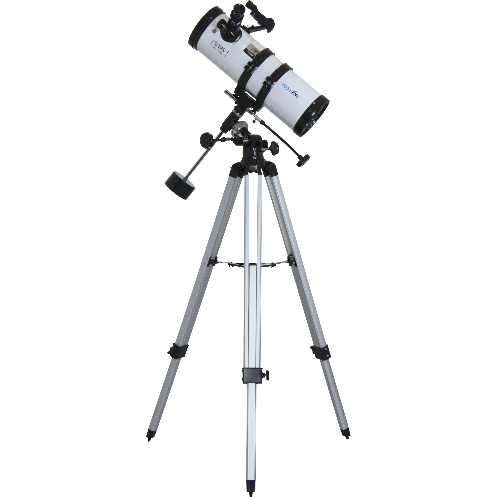 Ein weißes Teleskop auf einem silbernen Stativ. Das Teleskop hat schwarze Akzente. Der Hintergrund ist weiß.