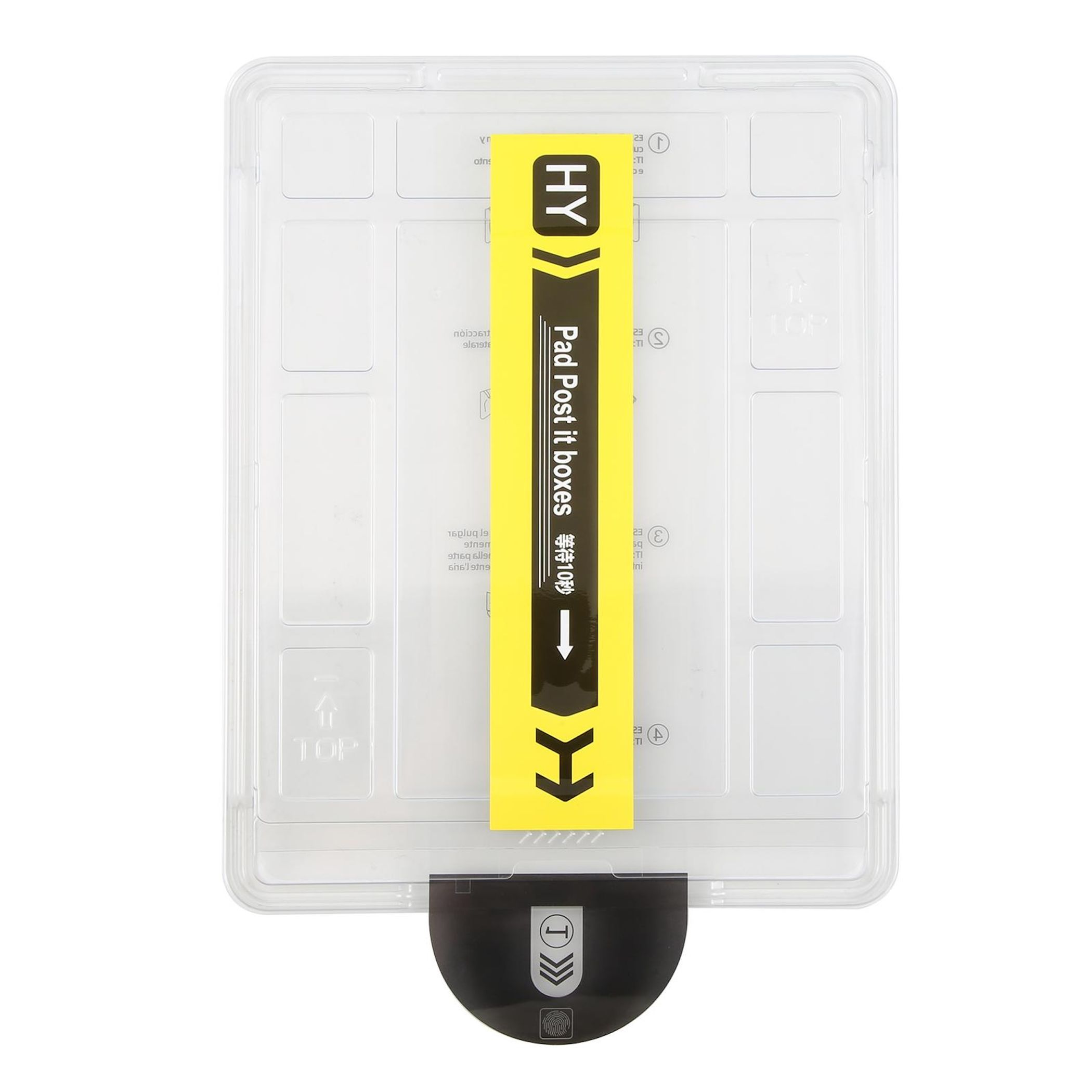 Transparente Plastikbox mit gelbem Aufkleber. Der Aufkleber hat Text und Pfeile. Der Boden hat eine schwarze Lasche.