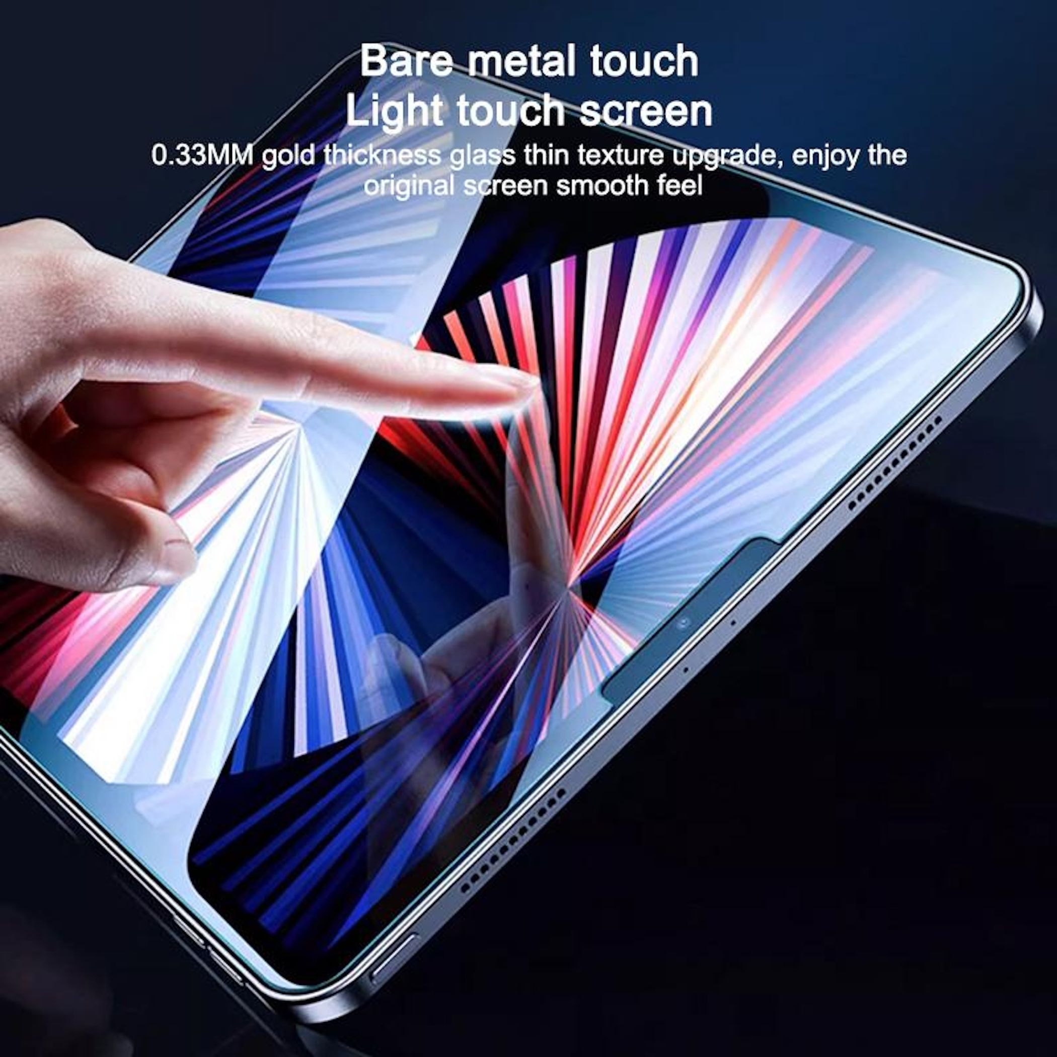 Hand berührt einen Tablet-Bildschirm. Text: Bare metal touch, Light touch screen, 0,33 mm dickes Goldglas.