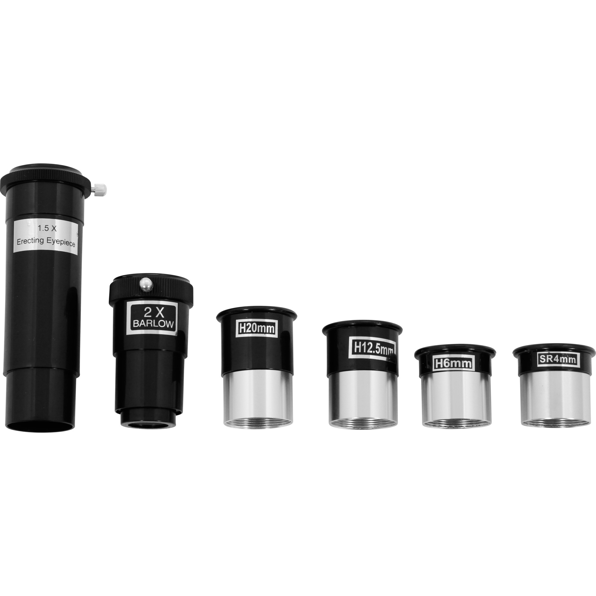 Verschiedene Teleskopokulare auf weißem Hintergrund. Enthält ein 1,5x aufrichtendes Okular und andere mit H20mm, H12,5mm, H6mm und SR4mm.