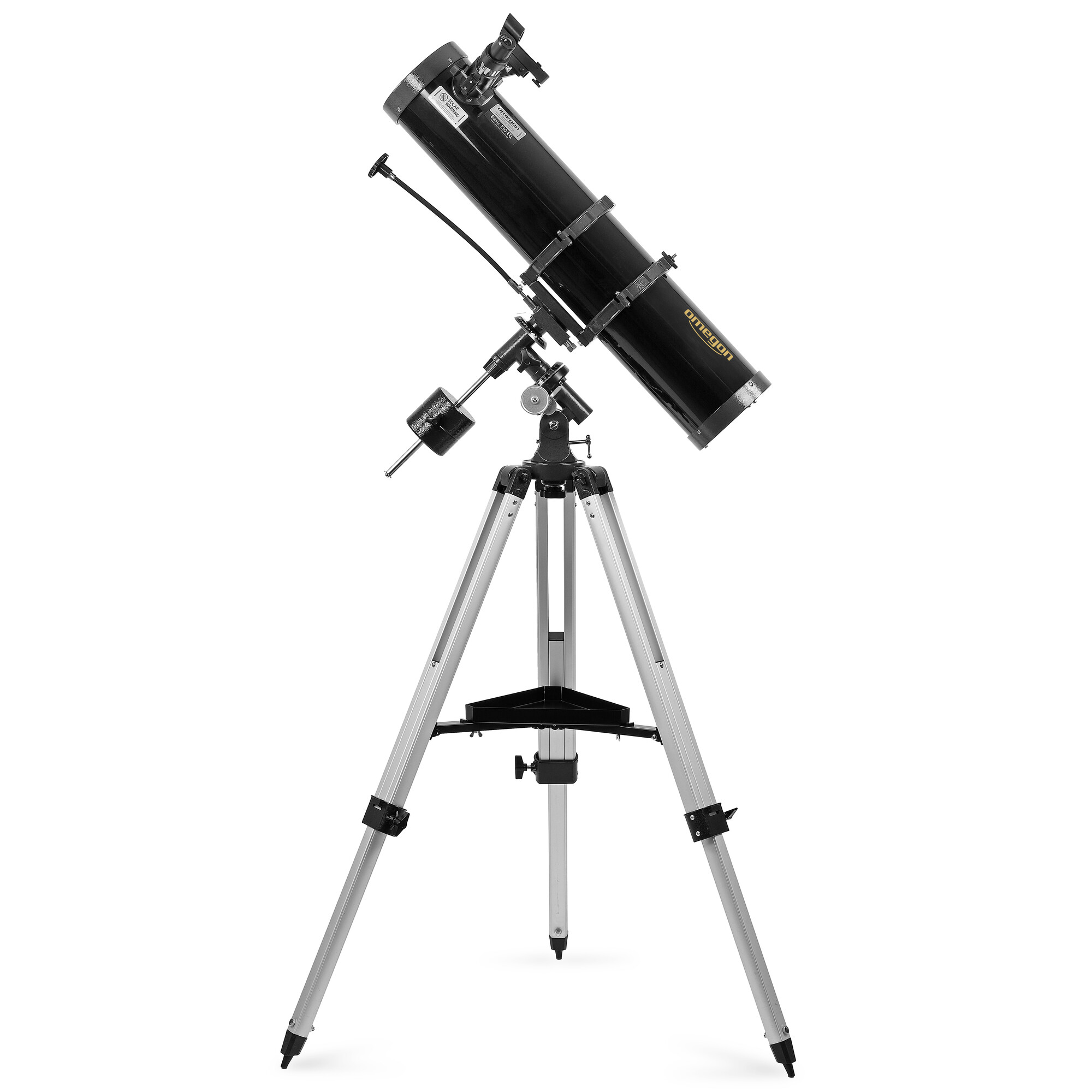 Ein schwarzes Teleskop auf einem silbernen Stativ. Auf dem Teleskop steht das Wort 'Omegon'.