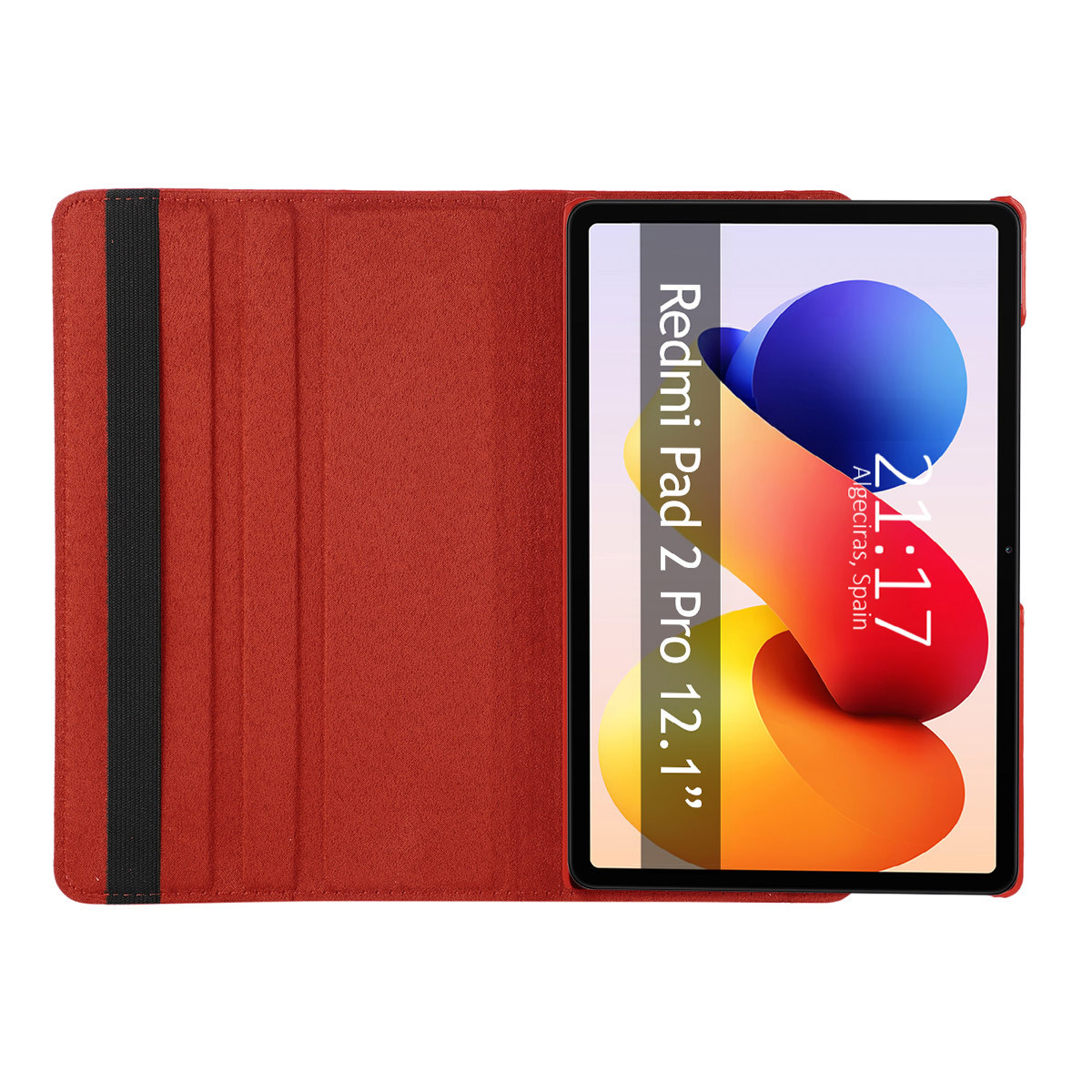 Tablet Redmi Pad 2 Pro 12.1" in custodia rossa. Lo schermo mostra un'immagine astratta colorata con ora e luogo.