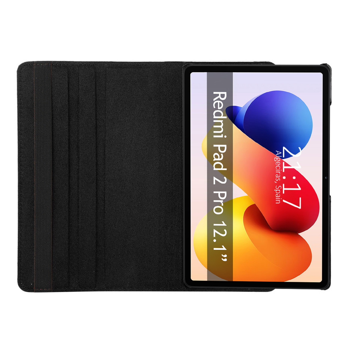 Un tablet in una custodia nera mostra un'immagine astratta colorata con l'ora 21:17. Il tablet è etichettato come "Redmi Pad 2 Pro 12.1".