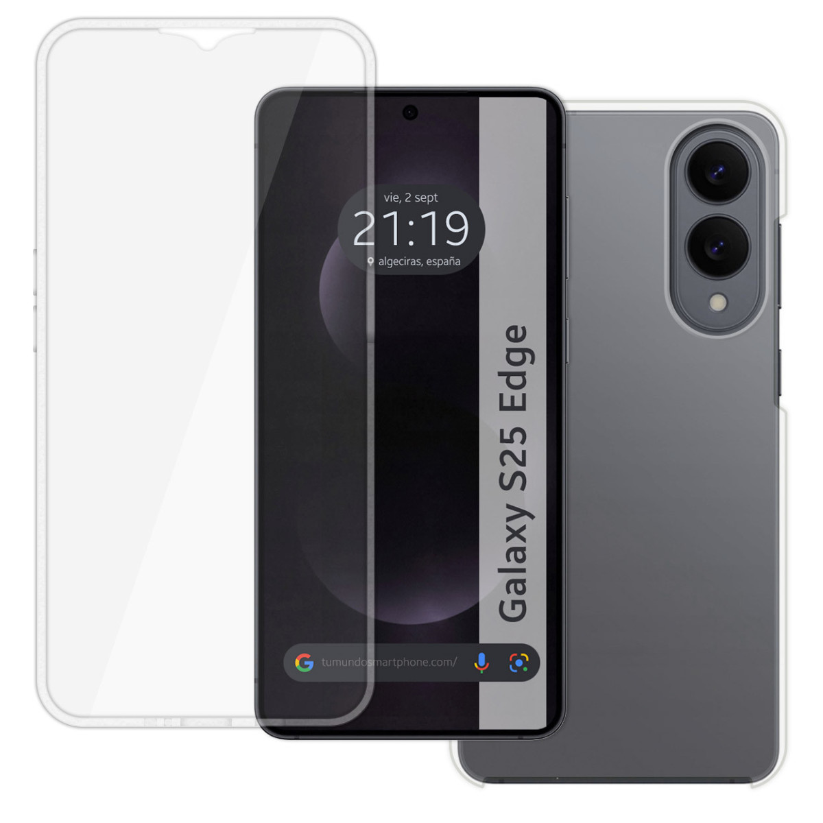 Uno smartphone con protezione schermo, che mostra l'ora. Il telefono è grigio, con una custodia trasparente e due fotocamere posteriori.