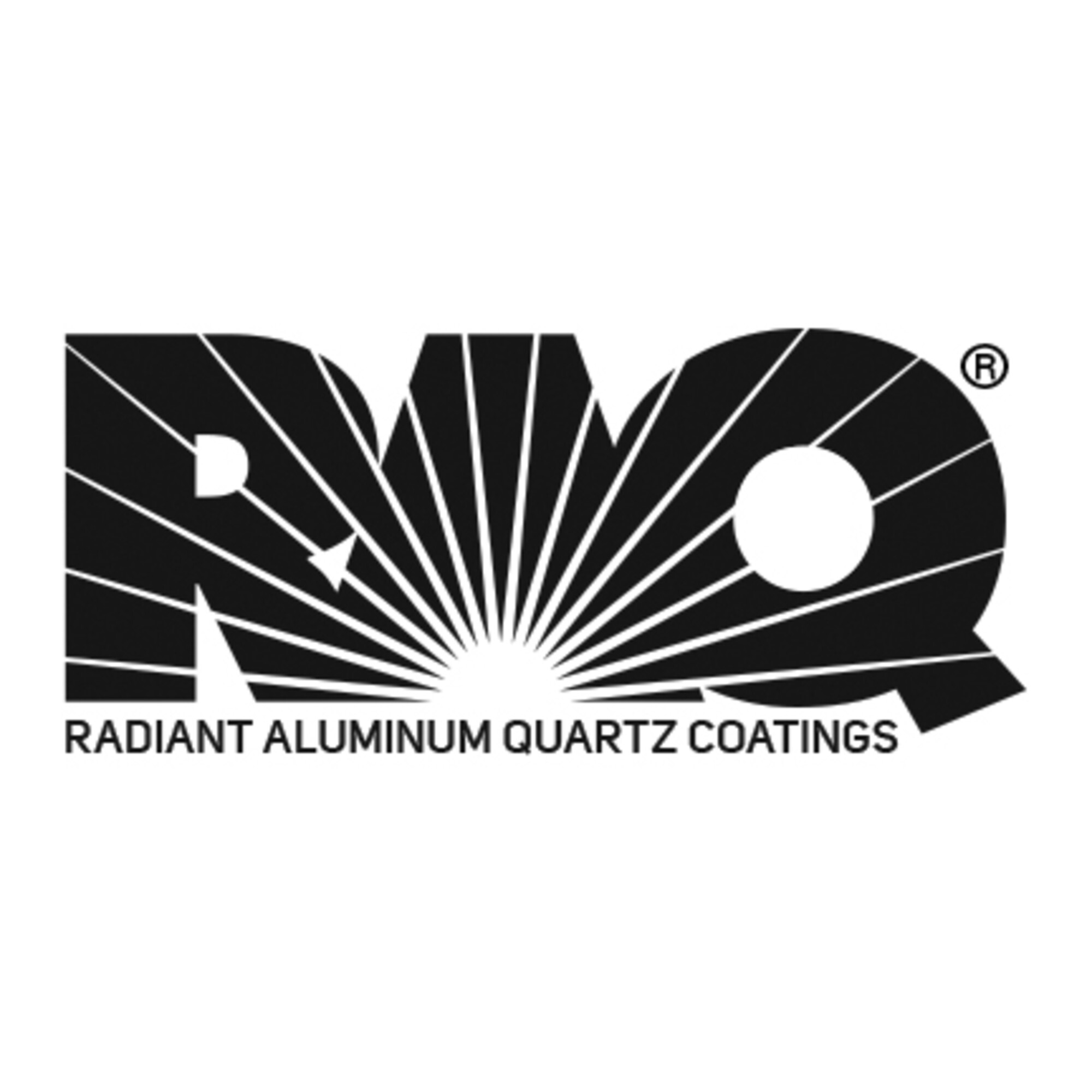 Schwarzes Logo mit "RMQ" und Sonnenstrahlendesign. Der Text lautet "Radiant Aluminum Quartz Coatings".