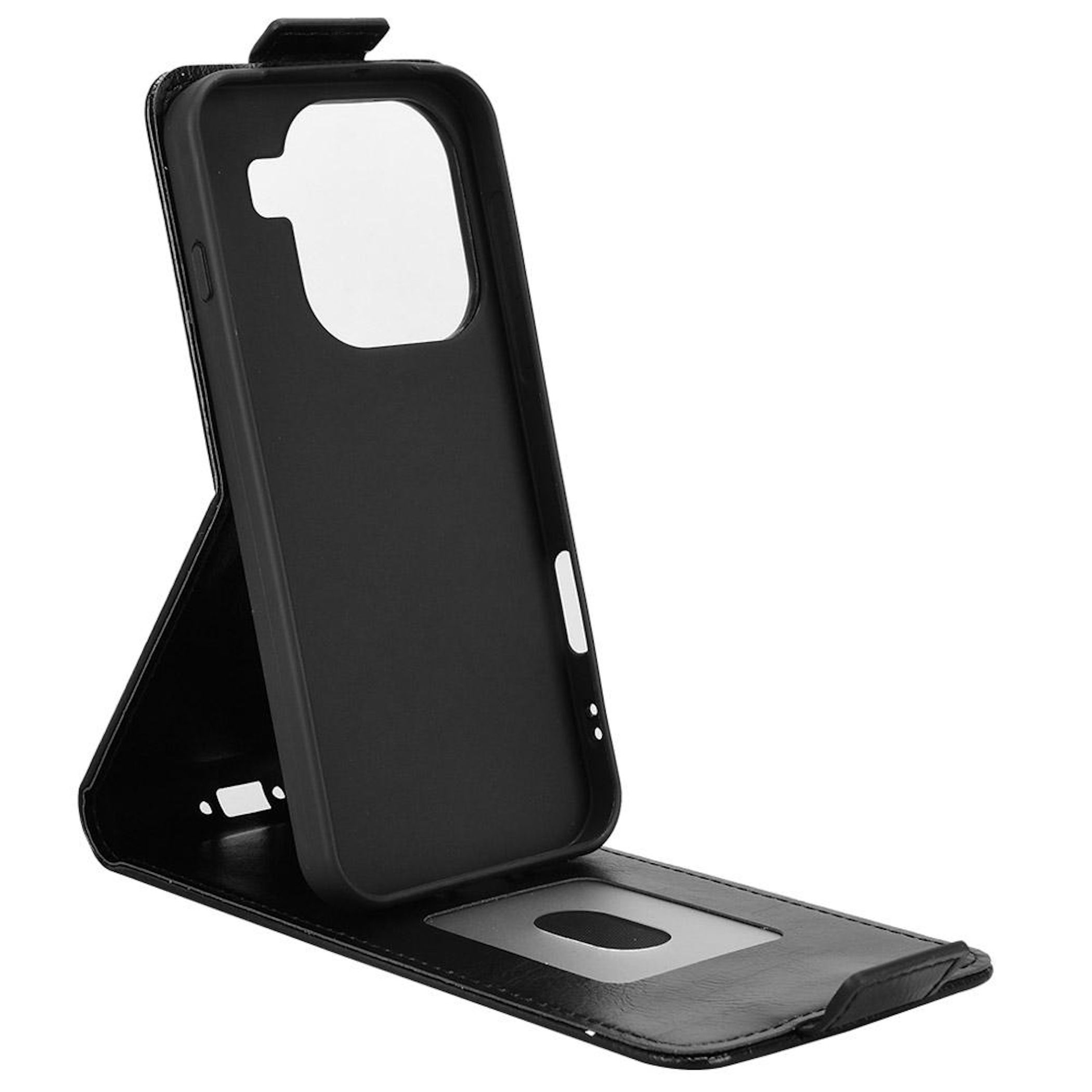 Eine schwarze Handyhülle ist geöffnet und zeigt den Telefonhalter. Die Hülle hat eine Standfunktion. Der Hintergrund ist weiß.