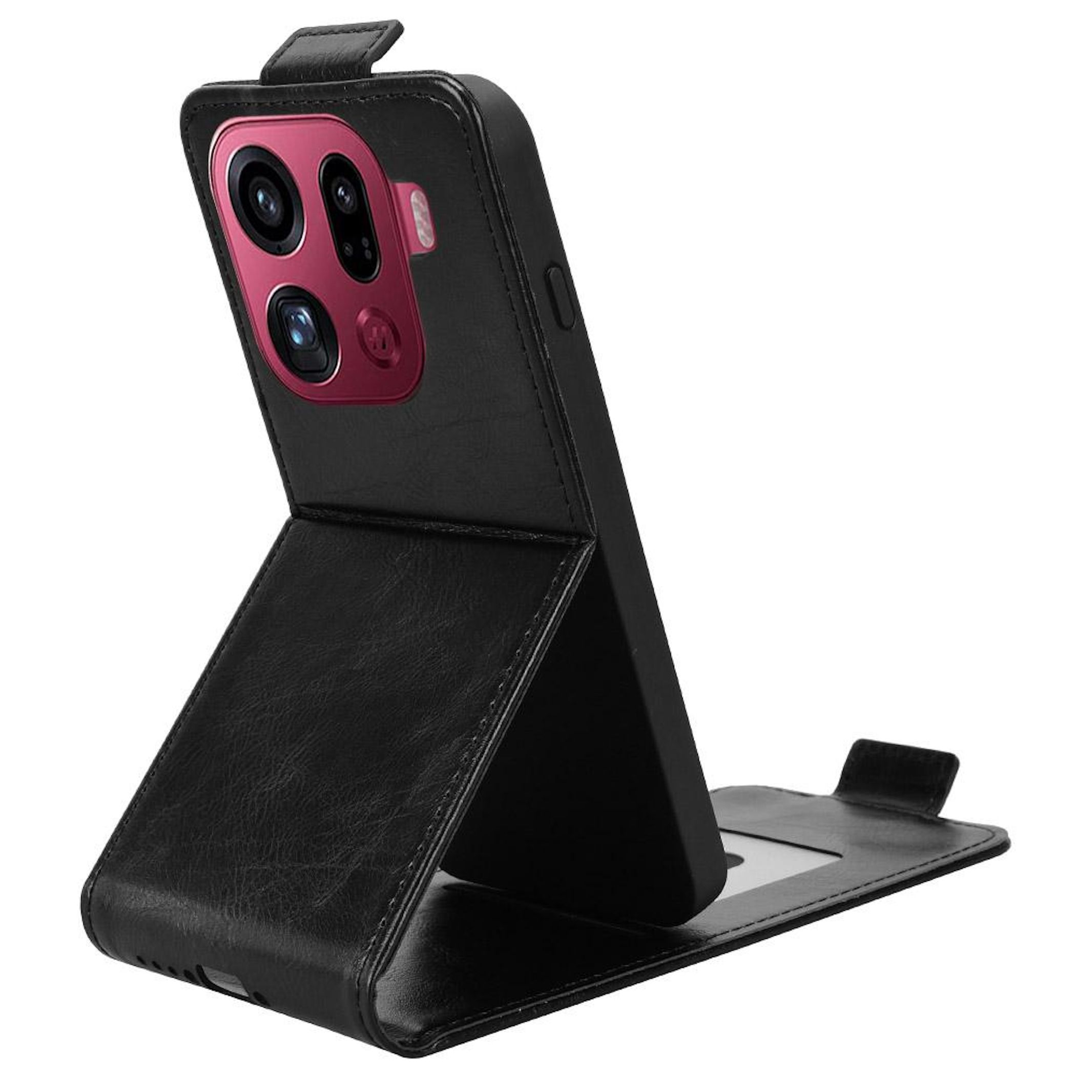 Schwarze Handyhülle. Das Telefon steht auf einem Ständer. Die Kamera des Telefons ist rosa. Die Hülle ist aus Leder.