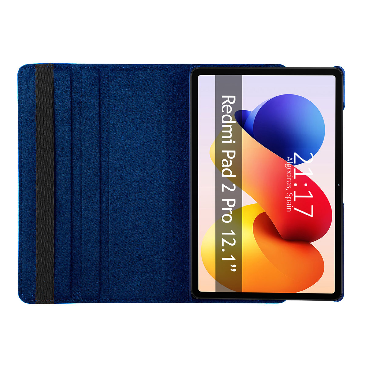 Una tableta con una funda azul, que muestra una pantalla de bloqueo colorida. La pantalla muestra la hora y la ubicación (Algeciras, España).