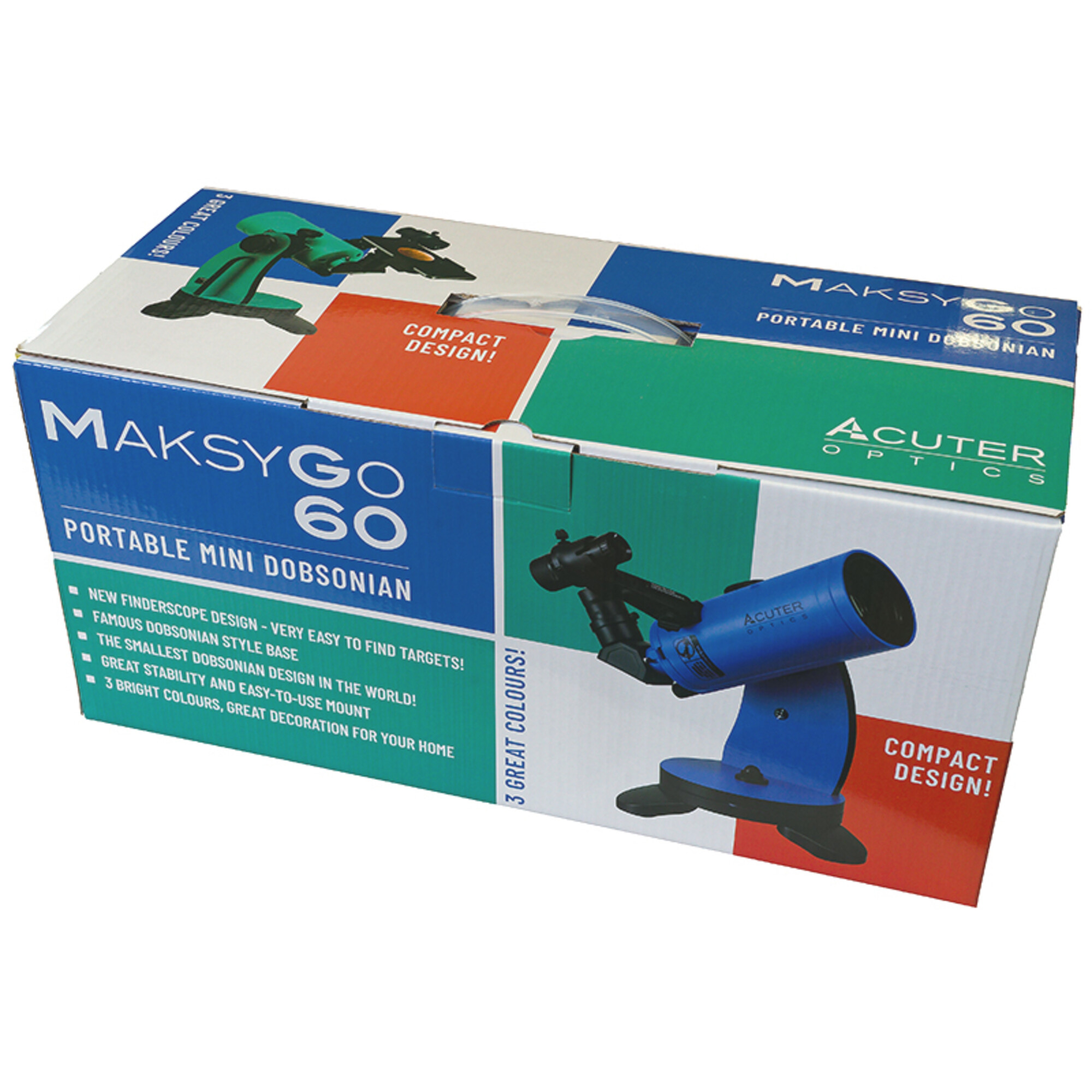 Eine Schachtel für ein MaksyGo 60 Teleskop. Sie ist weiß, grün, blau und rot mit einem Teleskopbild und Text.