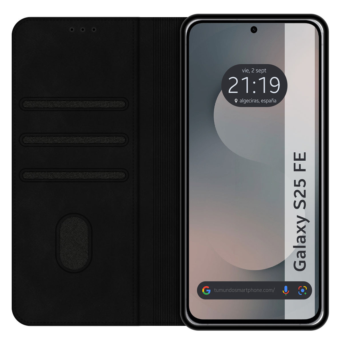 Un smartphone Samsung Galaxy S25 FE in una custodia a libro nera mostra l'ora, la data e il luogo. La custodia è aperta.
