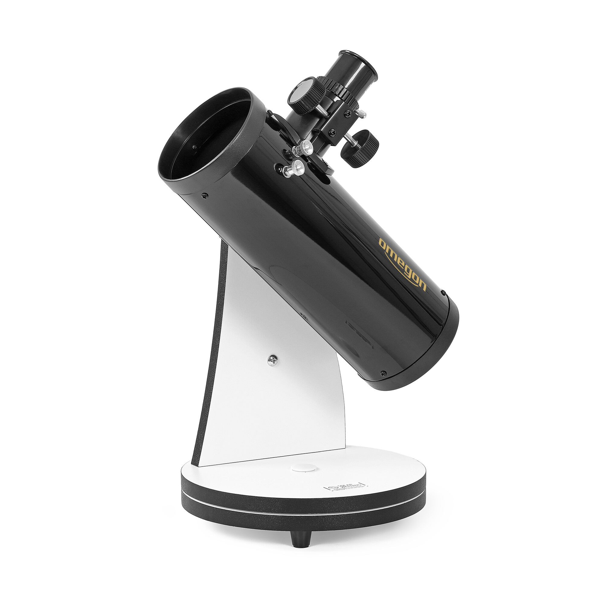 Ein schwarzes Teleskop mit weißer Basis steht auf weißem Hintergrund. Das Teleskop hat das Wort omegon und ist nach oben geneigt.