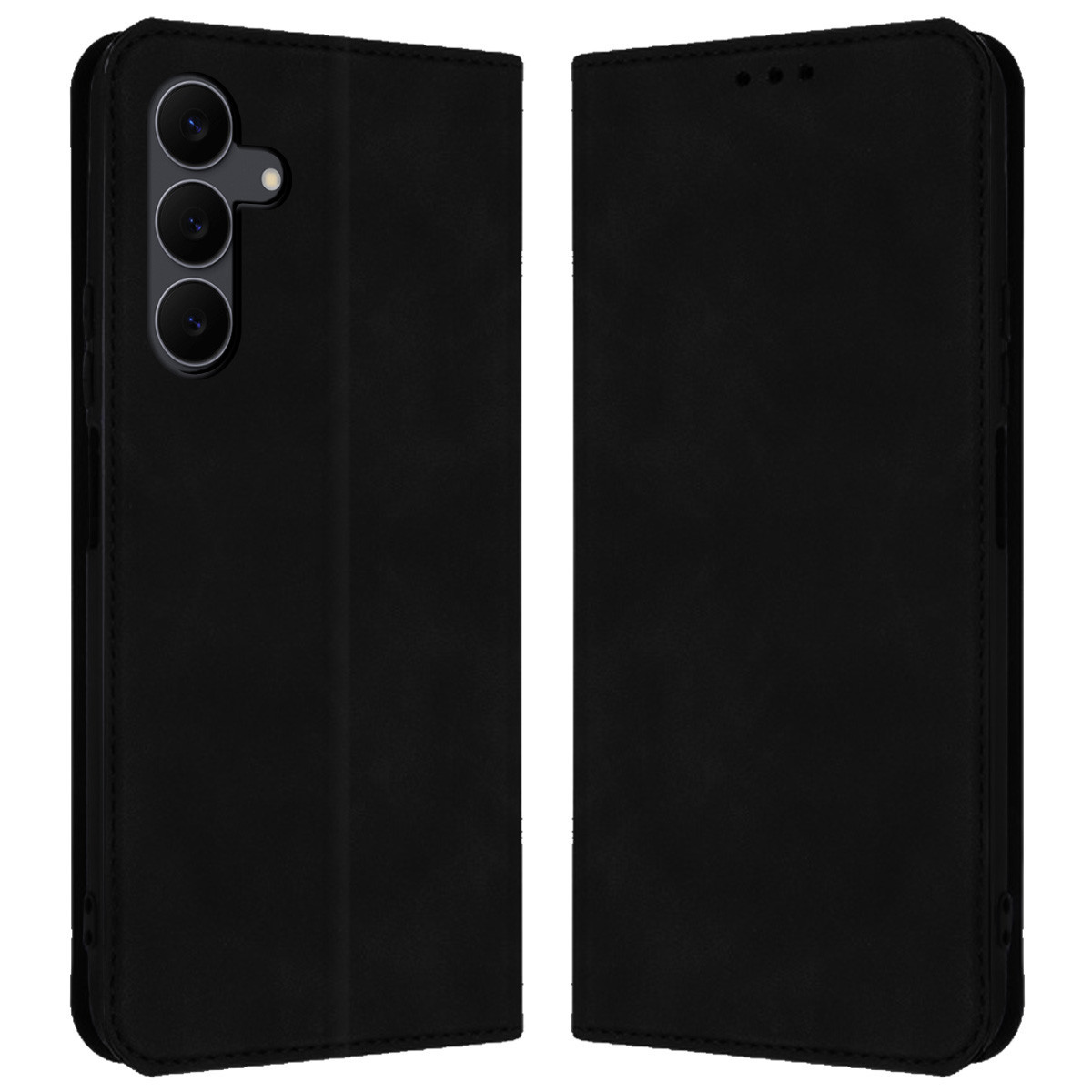 Una custodia per telefono nera, aperta. Il lato sinistro ha un modulo fotocamera. Il lato destro è liscio. Lo sfondo è bianco.