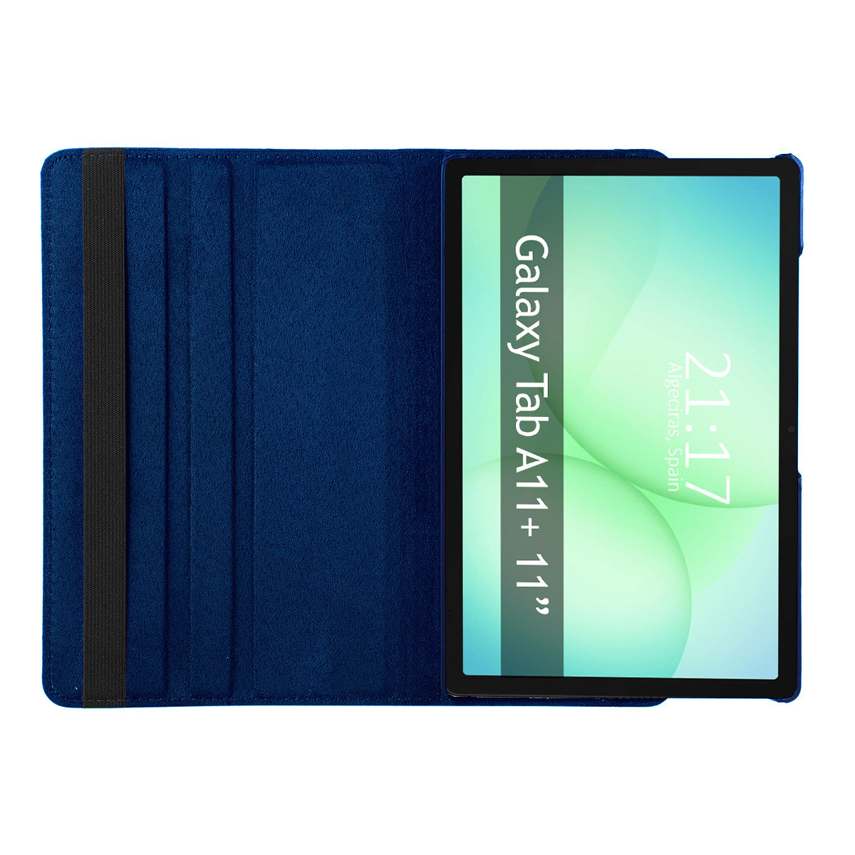 Una custodia blu per tablet con un tablet che mostra 'Galaxy Tab A11+ 11"' e l'ora '21:17' ad Algeciras, Spagna.