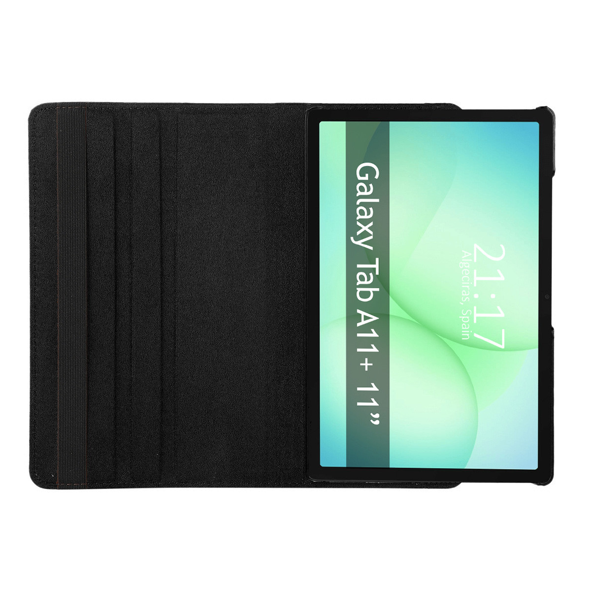 Una tableta con funda negra está abierta. La pantalla muestra 'Galaxy Tab A11+ 11"' y la hora, 21:17, en Algeciras, España.