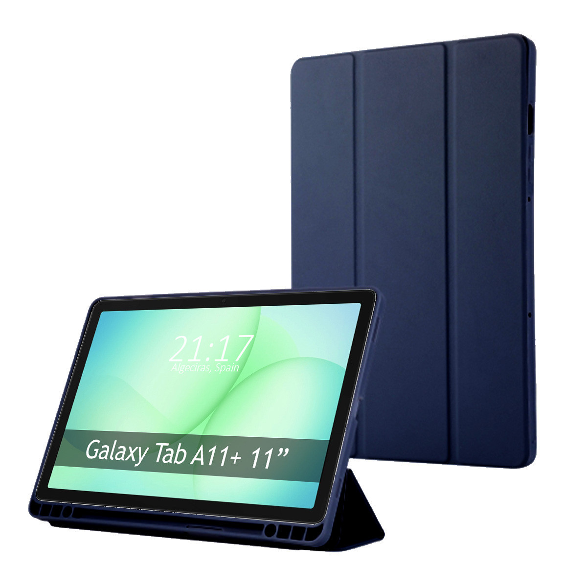 Un tablet blu Galaxy Tab A11+ 11" con custodia abbinata. Il tablet mostra ora e luogo, Algeciras, Spagna.
