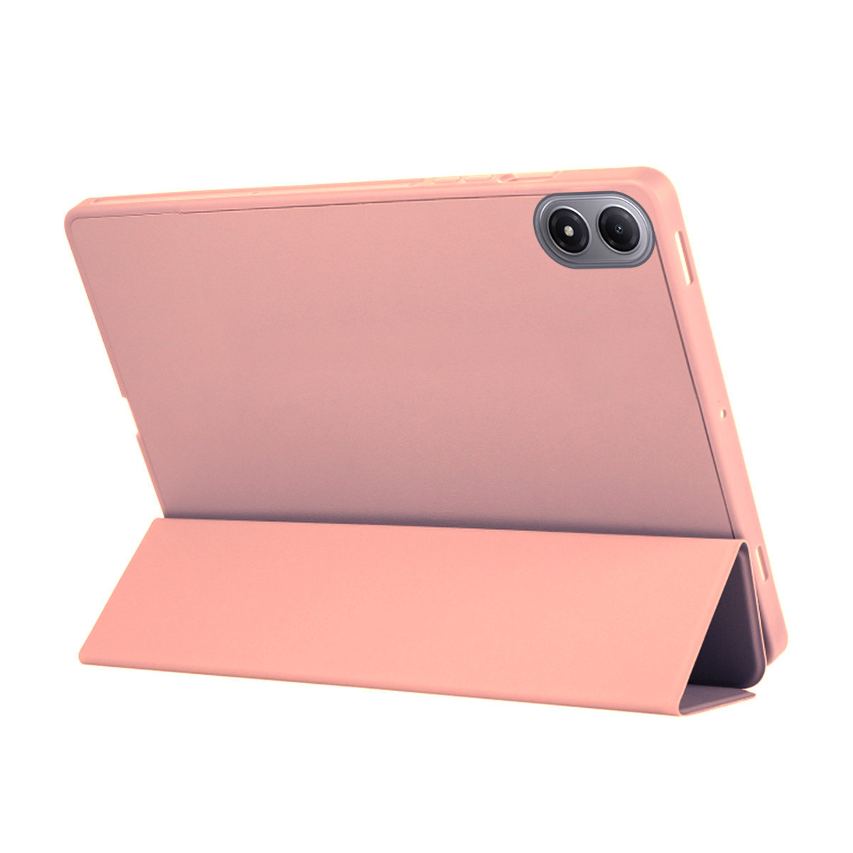 Tablet rosa in una cover, appoggiato. La base della cover forma un supporto. Due lenti della fotocamera sono visibili.