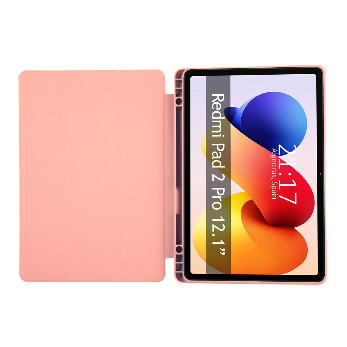 Un tablet con una cover rosa è aperto, mostrando un design colorato astratto sullo schermo. Sono le 21:17 ad Algeciras, Spagna.