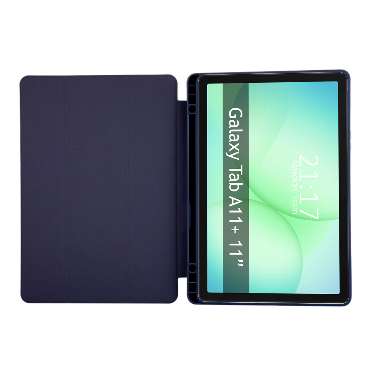 Un tablet Galaxy Tab A11+ 11" in una custodia blu. Lo schermo mostra l'ora 21:17 ad Algeciras, Spagna.